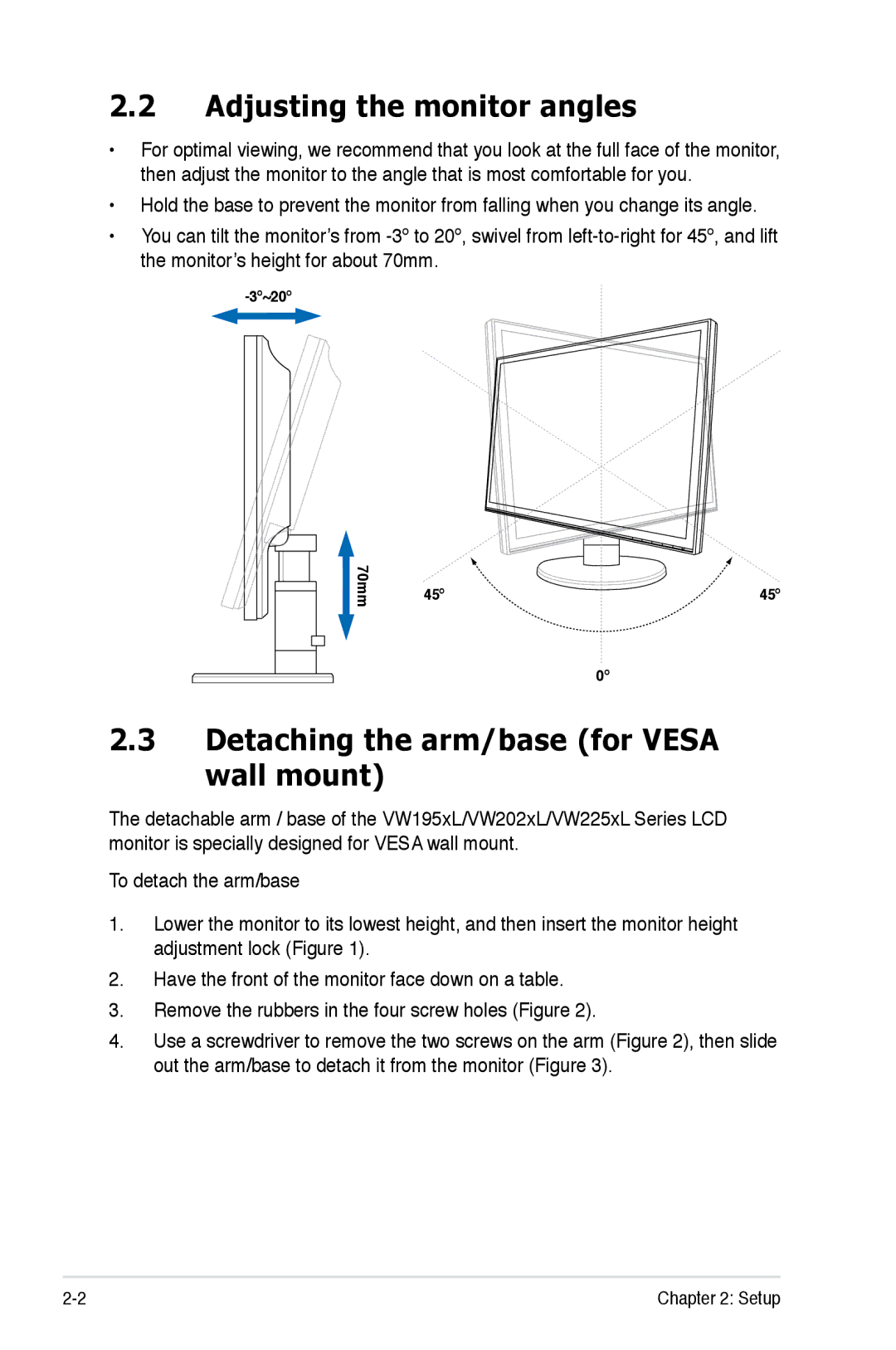 Asus VW195XL, VW202XL, VW225XL manual Adjusting the monitor angles, Detaching the arm/base for Vesa wall mount 