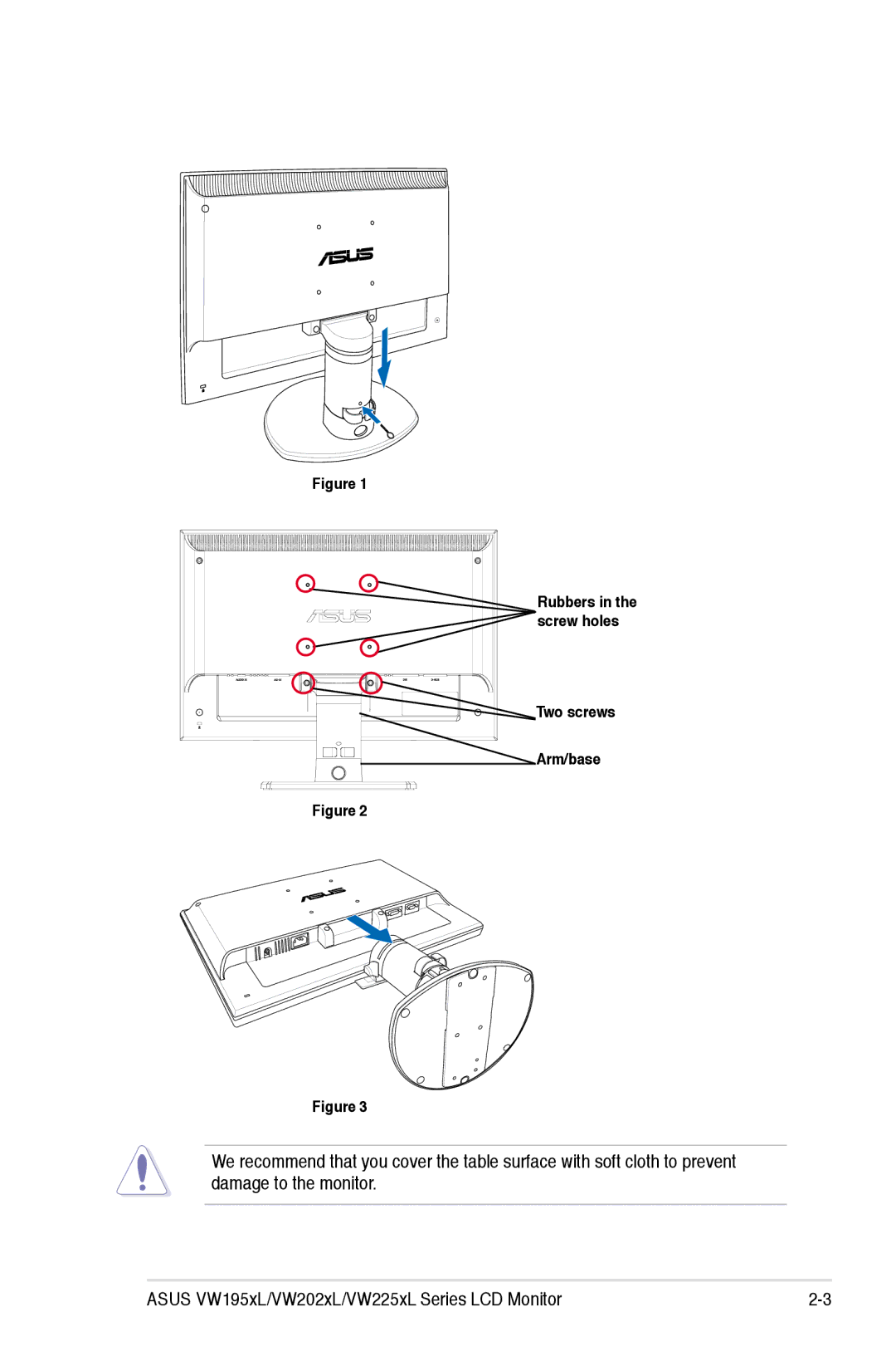 Asus VW202XL, VW225XL, VW195XL manual Two screws Arm/base 