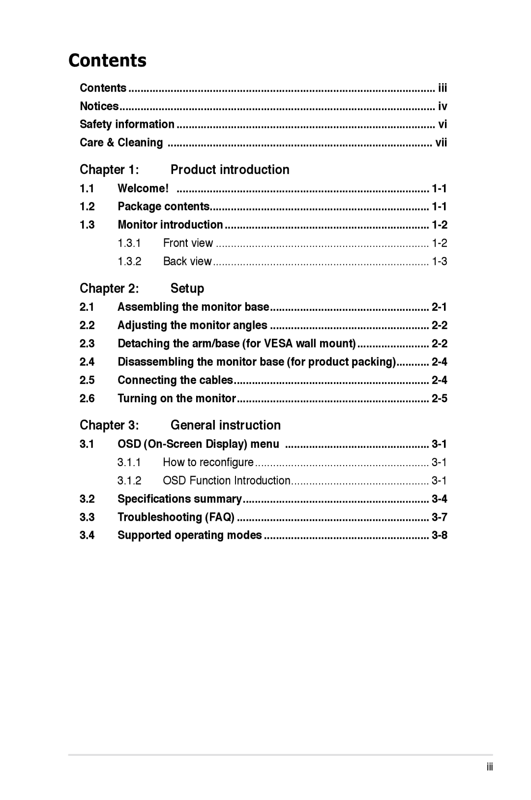 Asus VW202XL, VW225XL, VW195XL manual Contents 