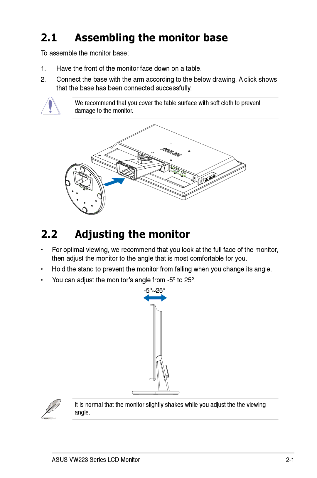 Asus VW223S, VW223N, VW223D, VW223T, VW223B manual Assembling the monitor base, Adjusting the monitor 