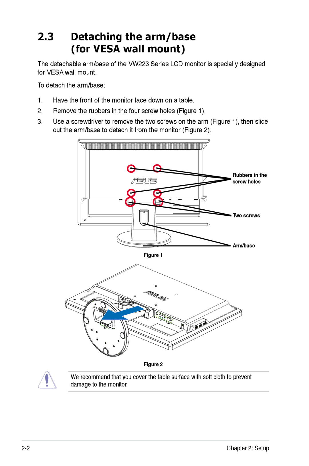 Asus VW223N, VW223D, VW223T, VW223B, VW223S manual Detaching the arm/base for Vesa wall mount 