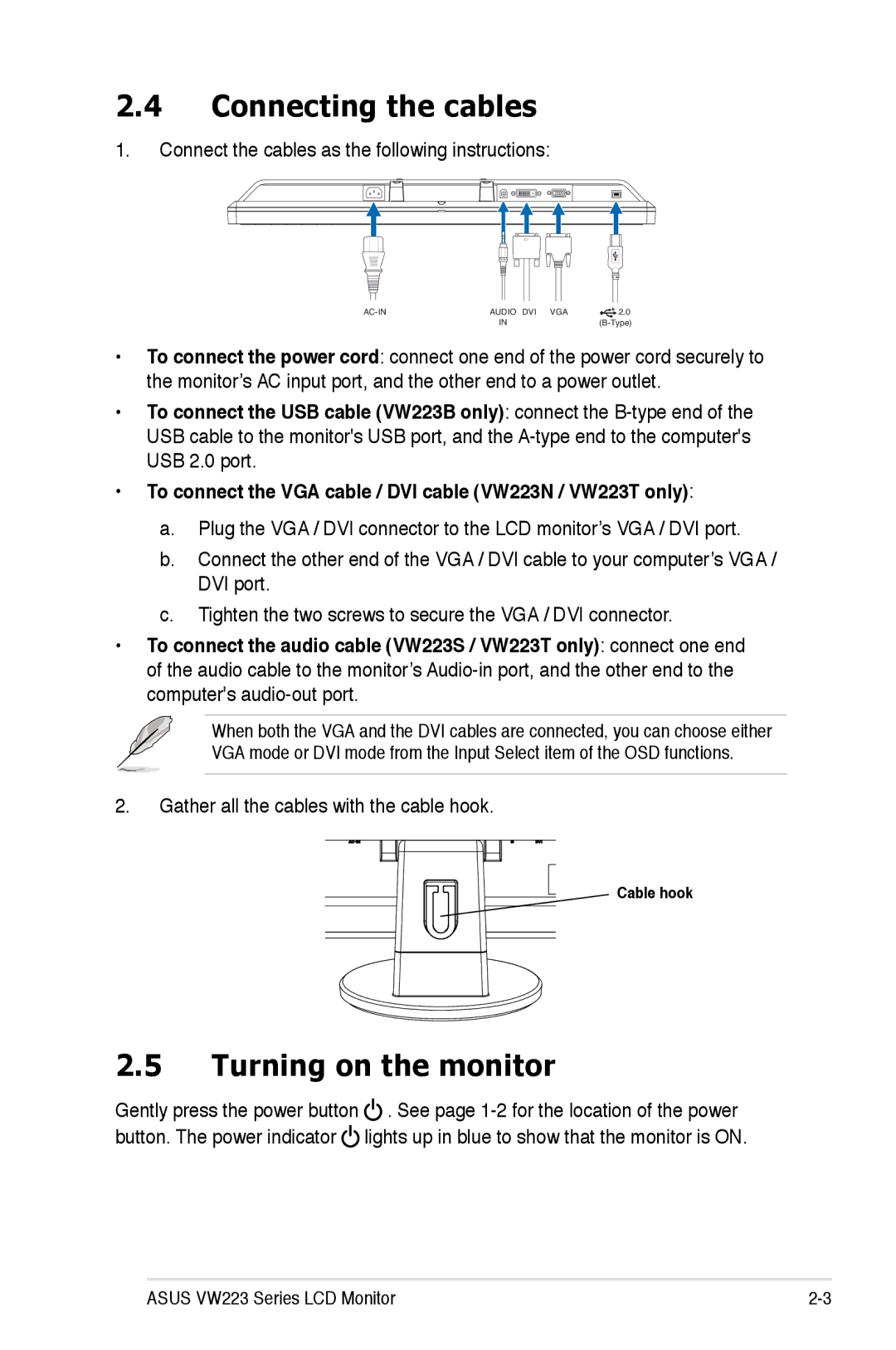 Asus VW223D, VW223N, VW223T Connecting the cables, Turning on the monitor, Connect the cables as the following instructions 