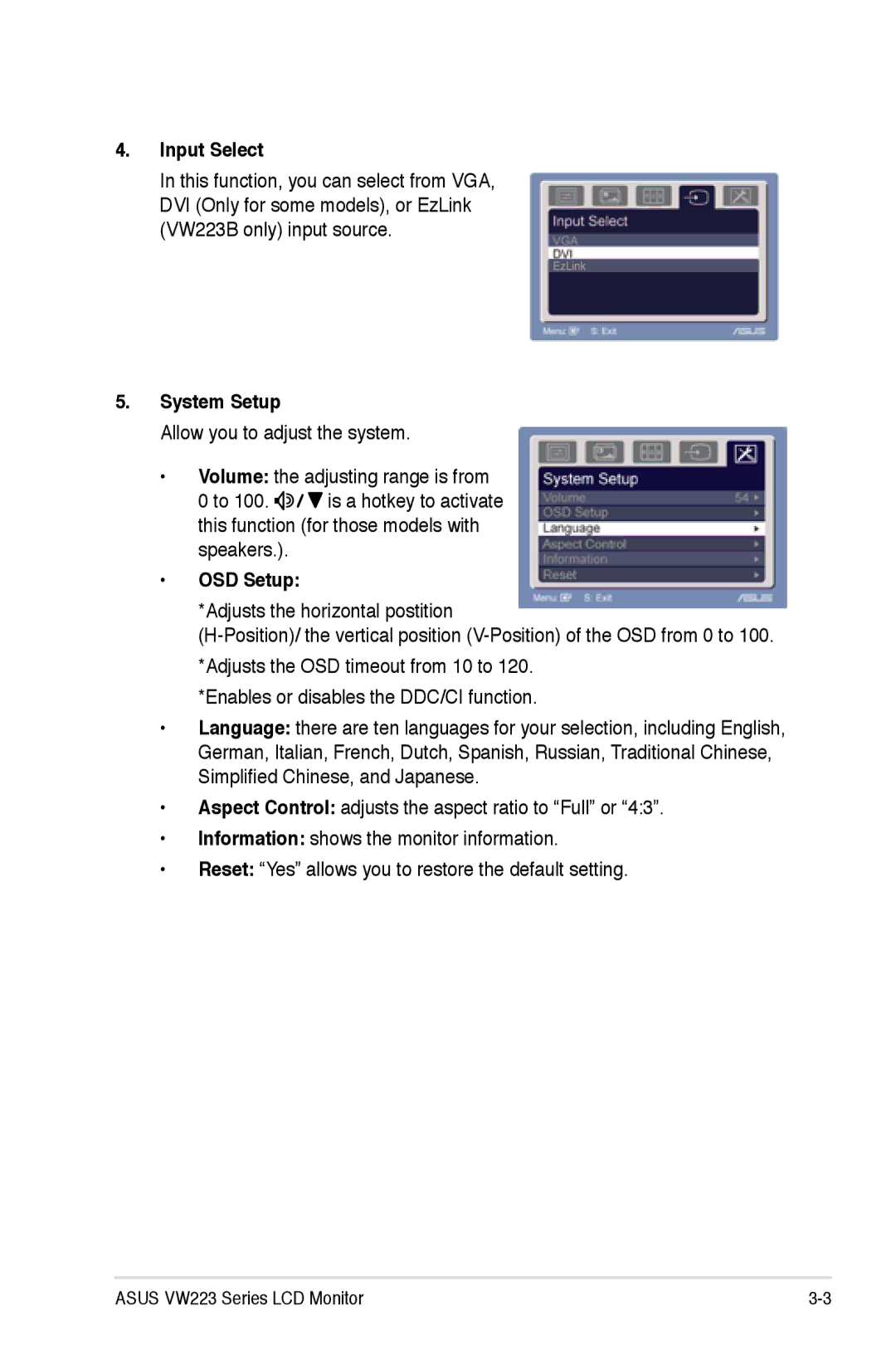 Asus VW223S, VW223N, VW223D, VW223T, VW223B manual Input Select, System Setup, OSD Setup 