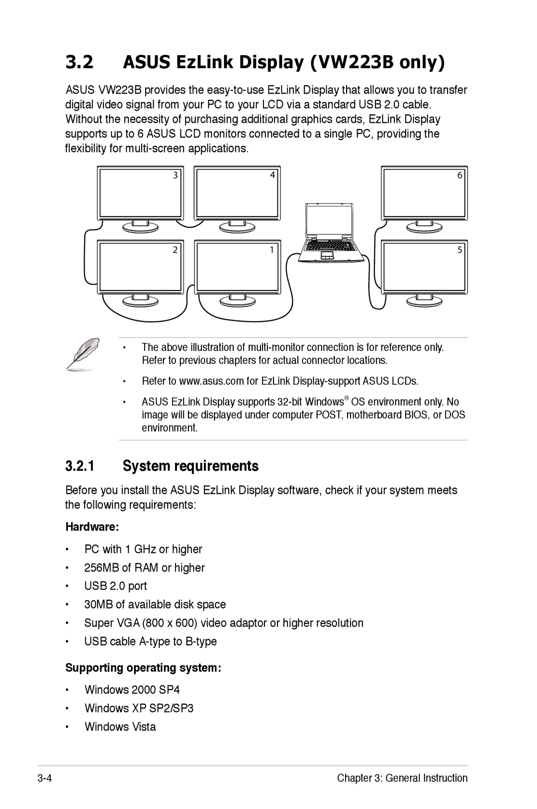 Asus VW223N, VW223D, VW223T Asus EzLink Display VW223B only, System requirements, Hardware, Supporting operating system 