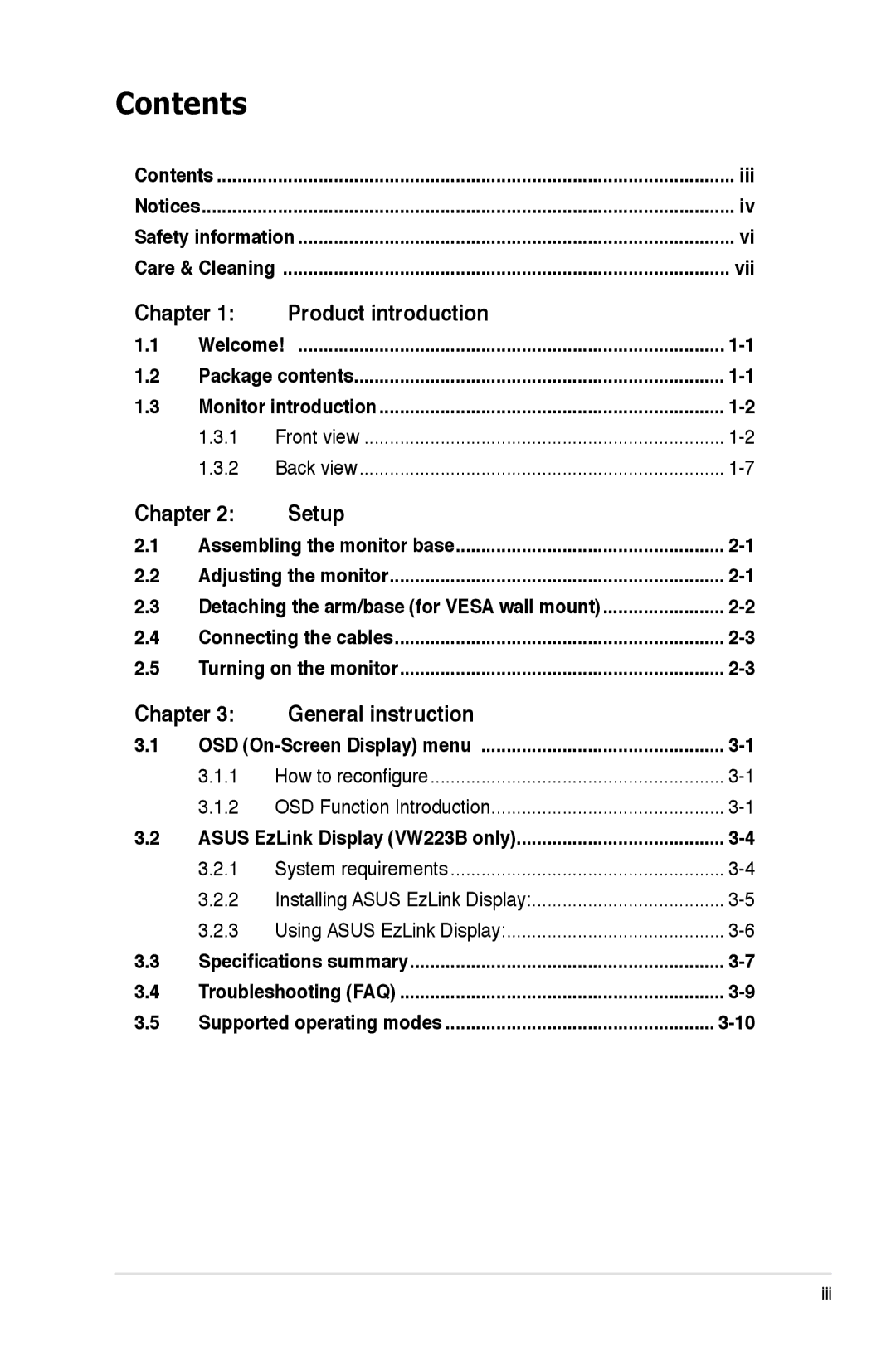 Asus VW223N, VW223D, VW223T, VW223B, VW223S manual Contents 