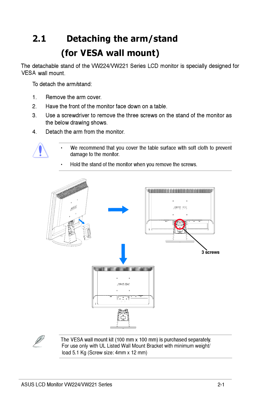 Asus VW221, VW224 manual Detaching the arm/stand for Vesa wall mount 