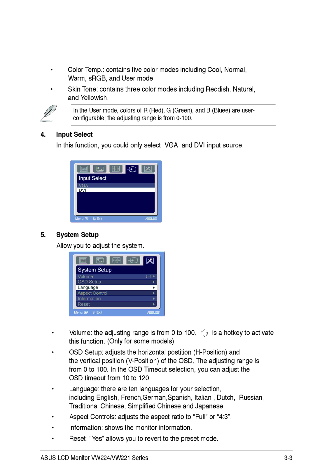 Asus VW221, VW224 manual Input Select, System Setup 