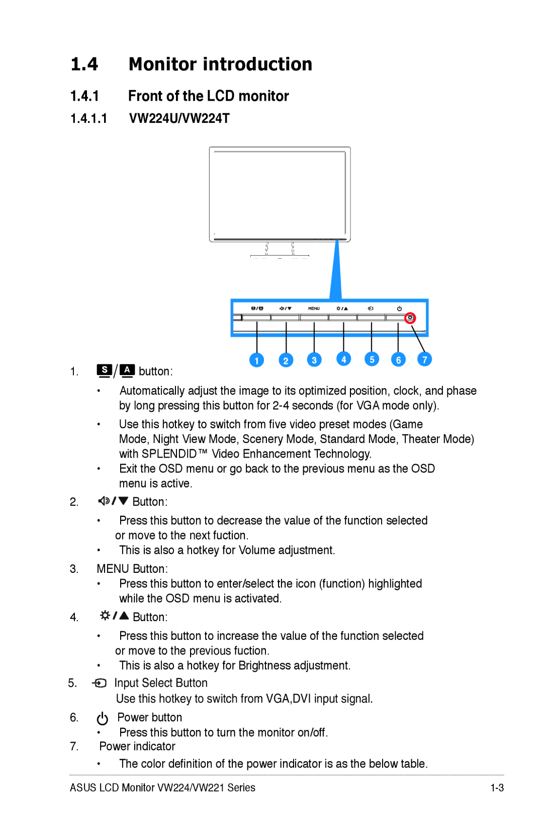 Asus VW221 manual Monitor introduction, Front of the LCD monitor, 1.1 VW224U/VW224T 