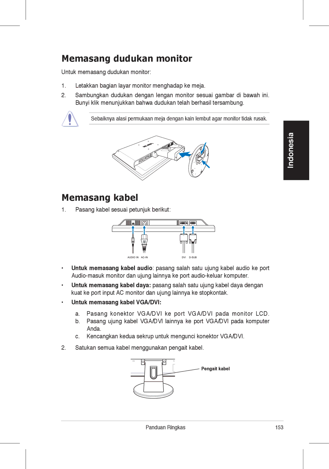 Asus VW225 quick start Memasang dudukan monitor, Memasang kabel, Untuk memasang kabel VGA/DVI, Panduan Ringkas 153 