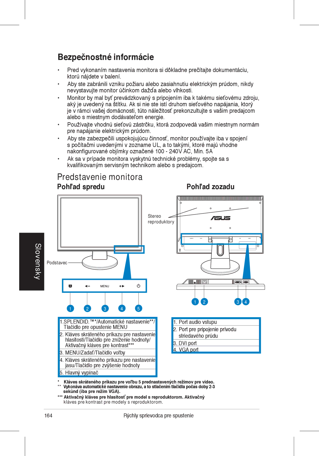 Asus VW225 quick start Bezpečnostné informácie, Predstavenie monitora, Pohľad zozadu 