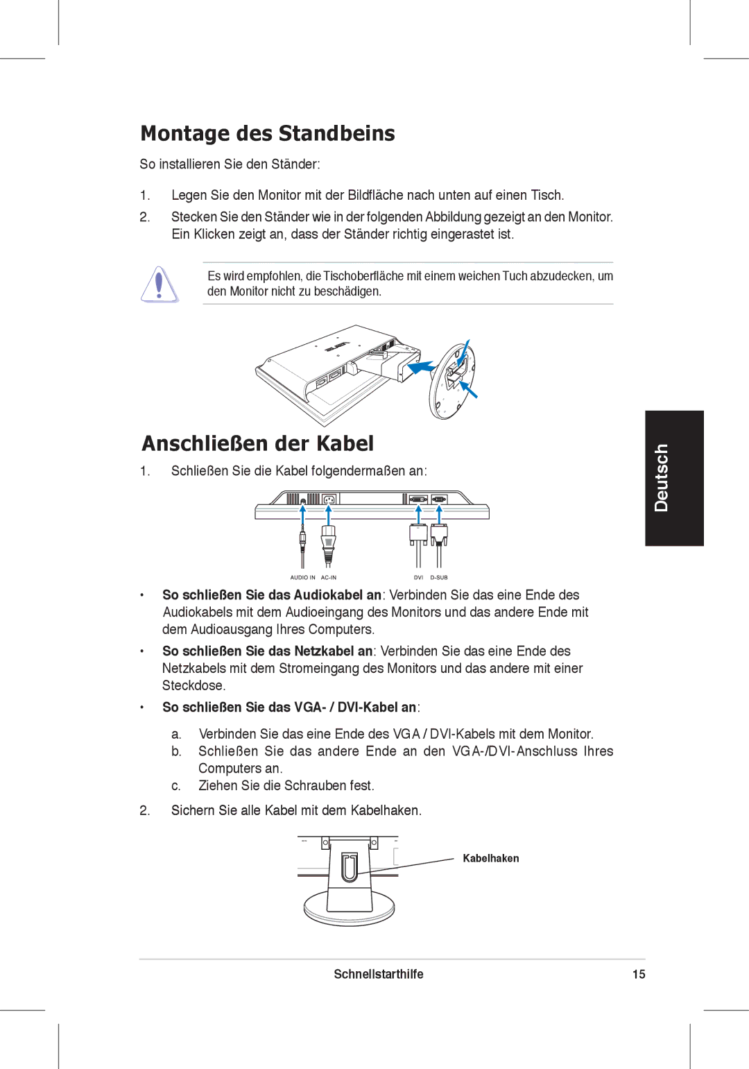 Asus VW225 quick start Montage des Standbeins, Anschließen der Kabel, So schließen Sie das VGA- / DVI-Kabel an 