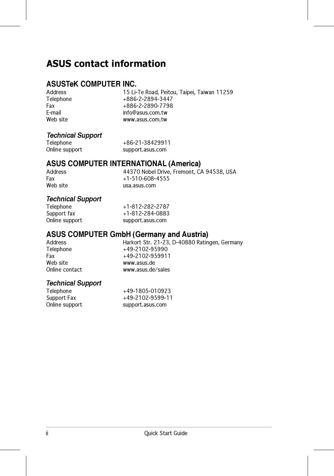 Asus VW225 quick start Asus contact information, ASUSTeK Computer INC 