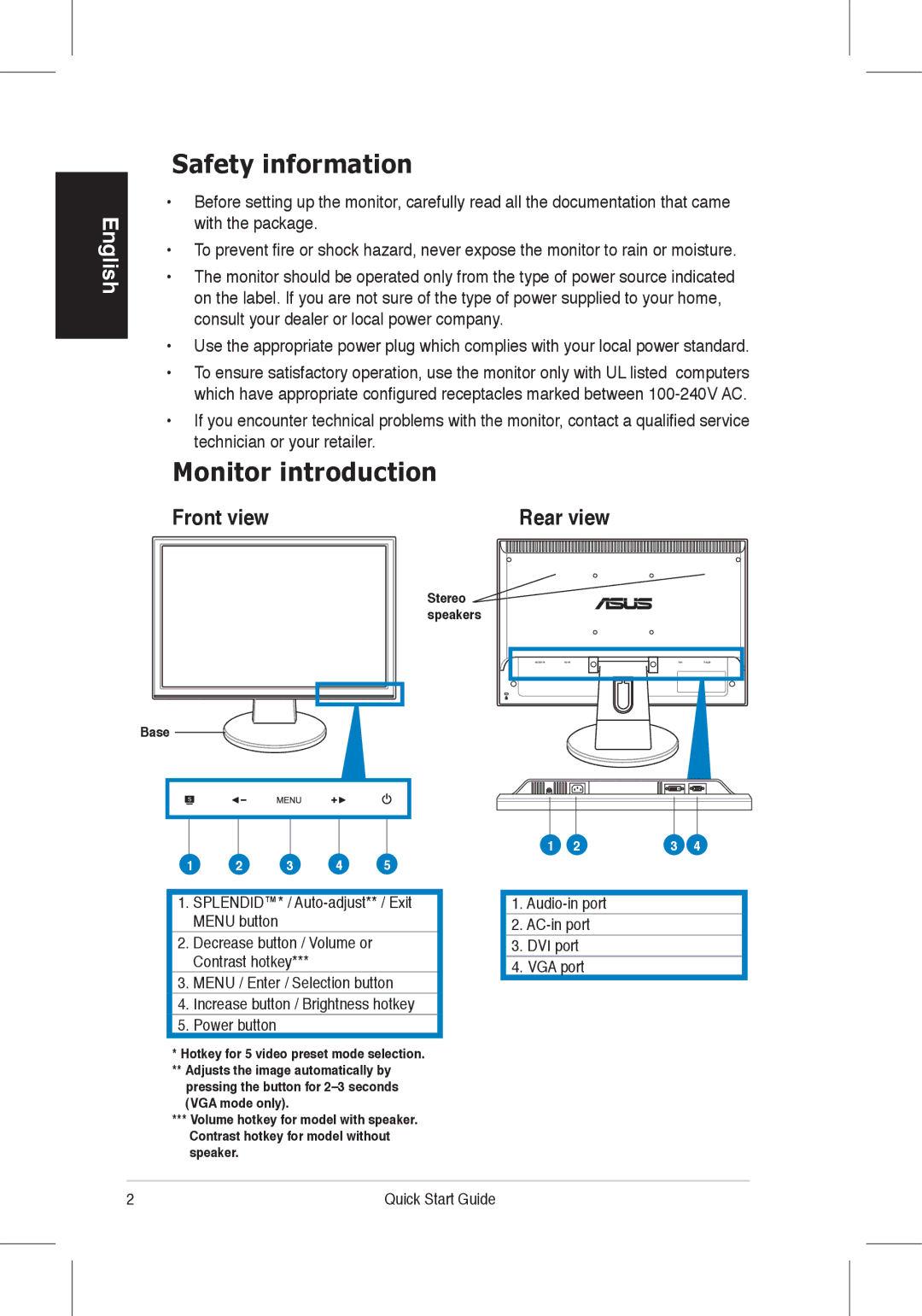 Asus VW225 quick start Safety information, Monitor introduction, Rear view, Audio-in port AC-in port DVI port VGA port 