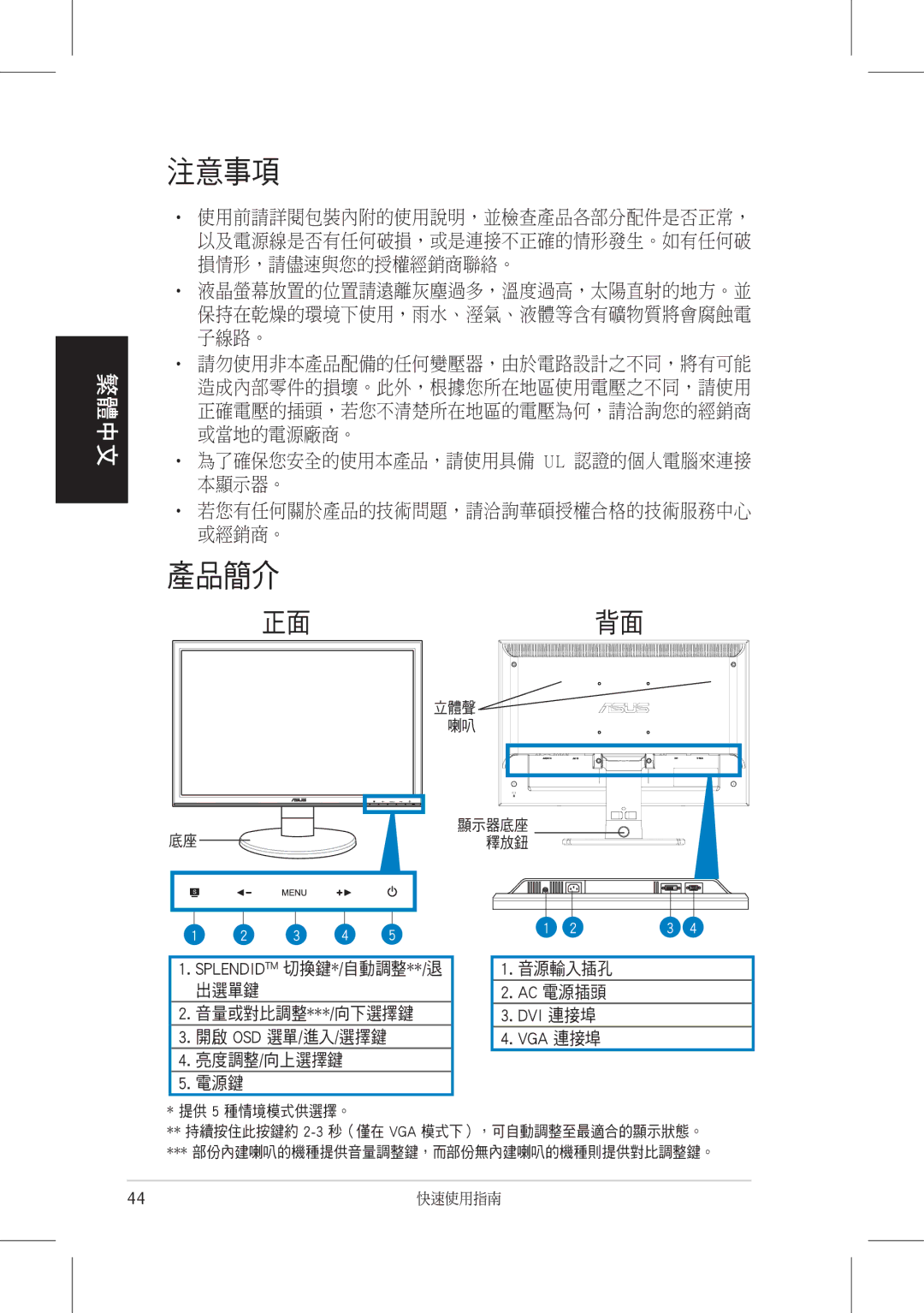 Asus VW225 quick start 注意事項 