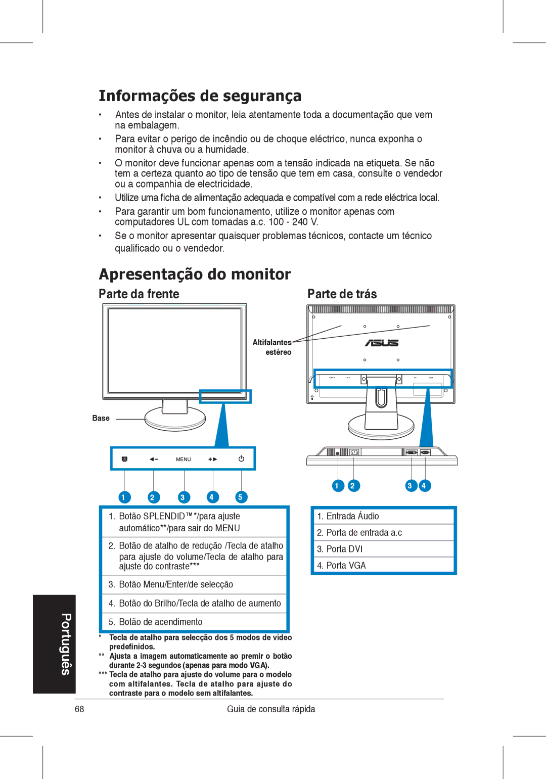 Asus VW225 quick start Informações de segurança, Apresentação do monitor, Parte de trás 