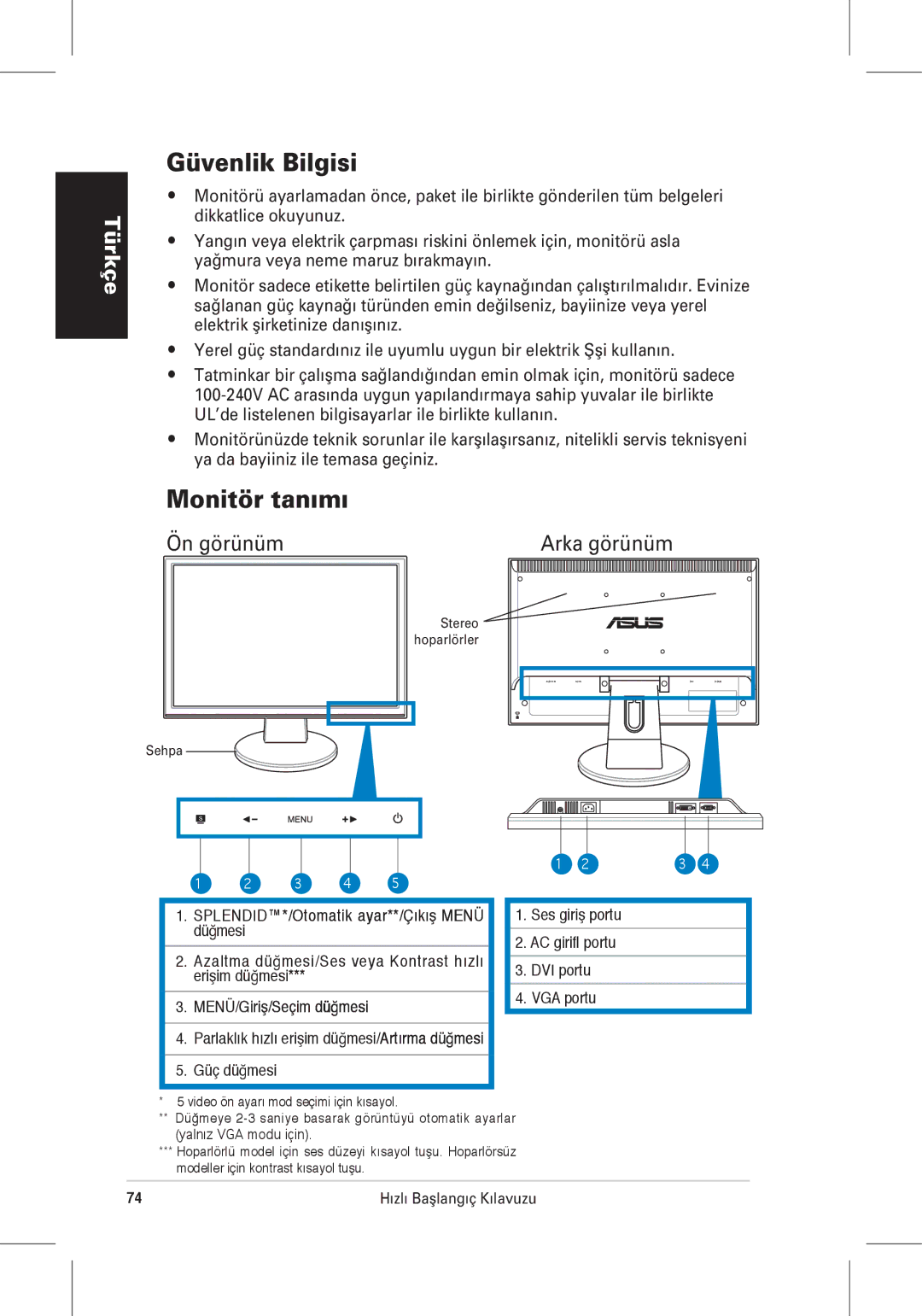 Asus VW225 quick start Güvenlik Bilgisi, Azaltma düğmesi/Ses veya Kontrast hızlı erişim düğmesi 