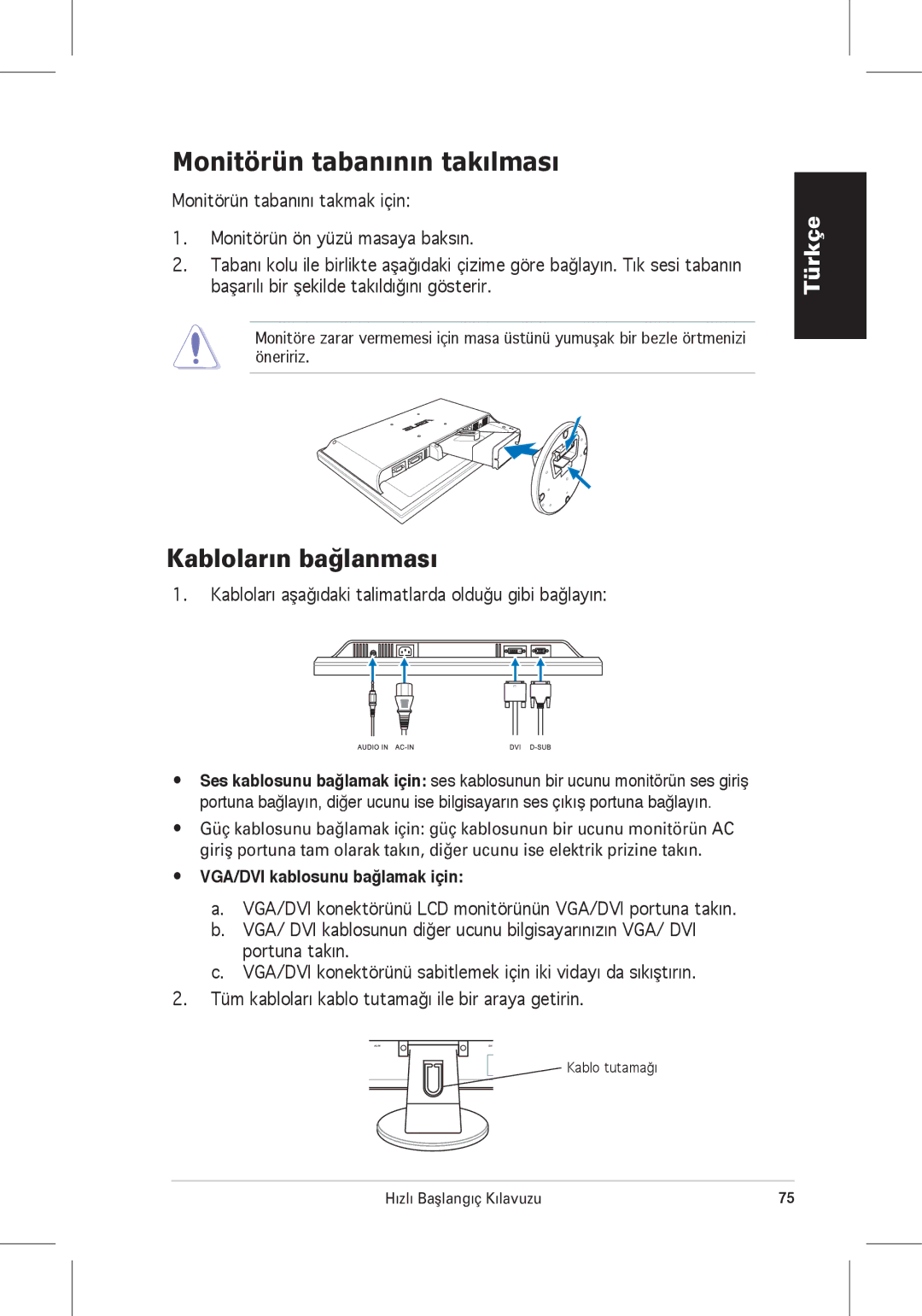 Asus VW225 quick start Monitörün tabanının takılması, VGA/DVI kablosunu bağlamak için 