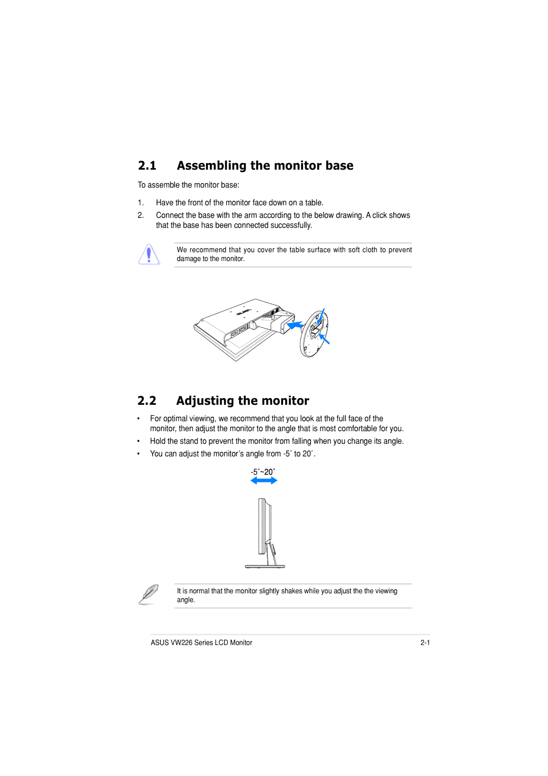 Asus VW226TTAA manual Assembling the monitor base, Adjusting the monitor 