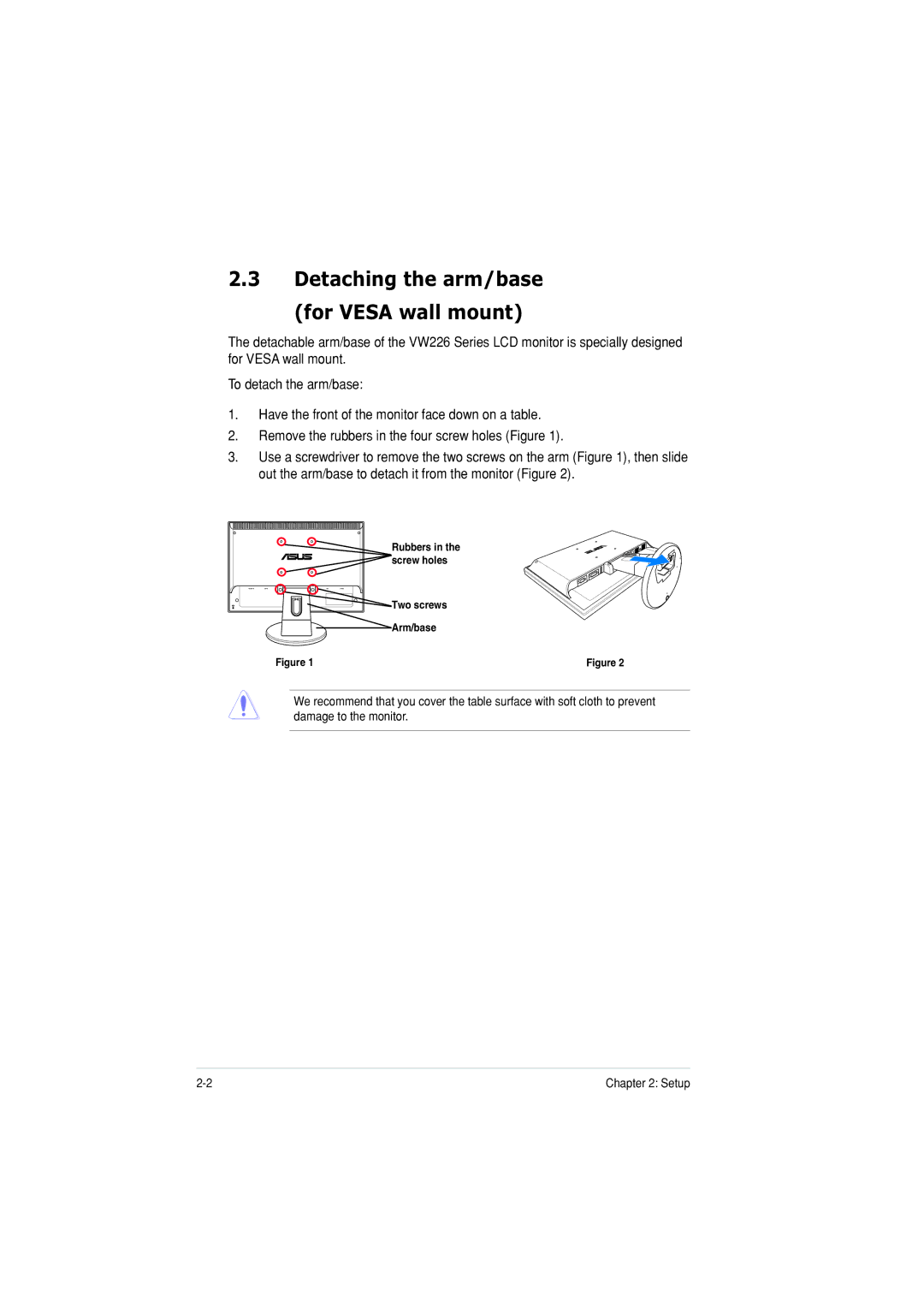 Asus VW226TTAA manual Detaching the arm/base For Vesa wall mount 