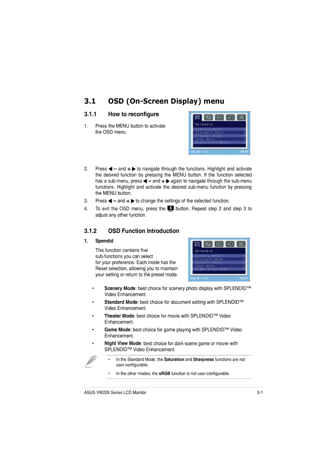 Asus VW226TTAA manual OSD On-Screen Display menu, Press the Menu button to activate the OSD menu, Spendid 