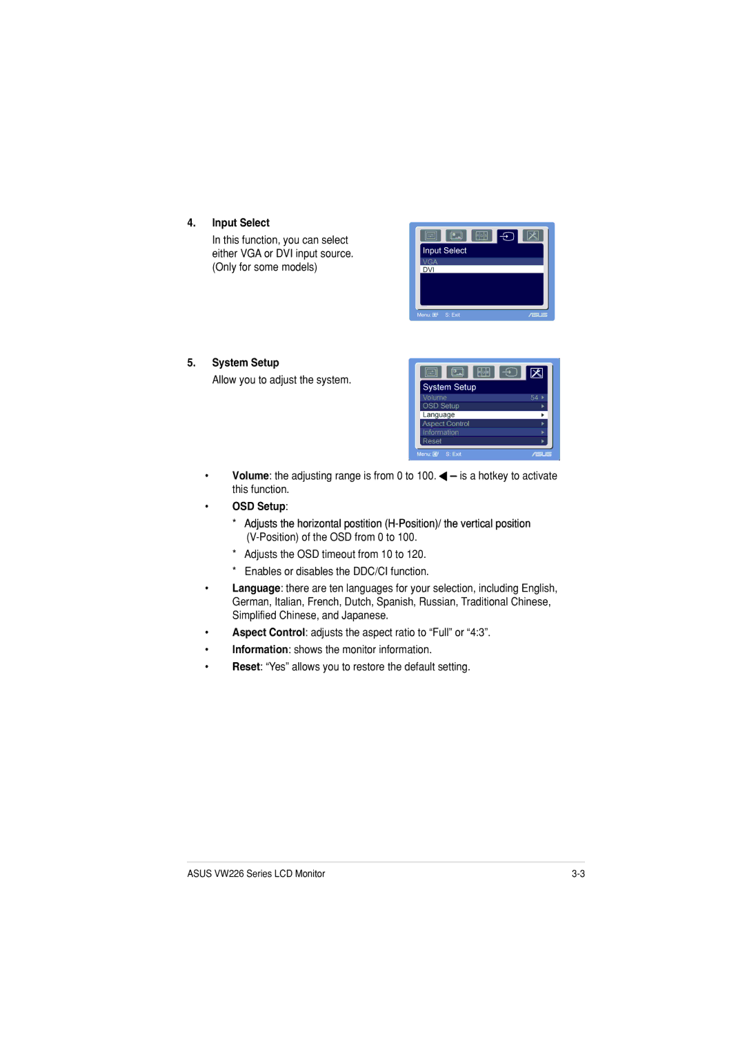 Asus VW226TTAA manual Input Select, System Setup 