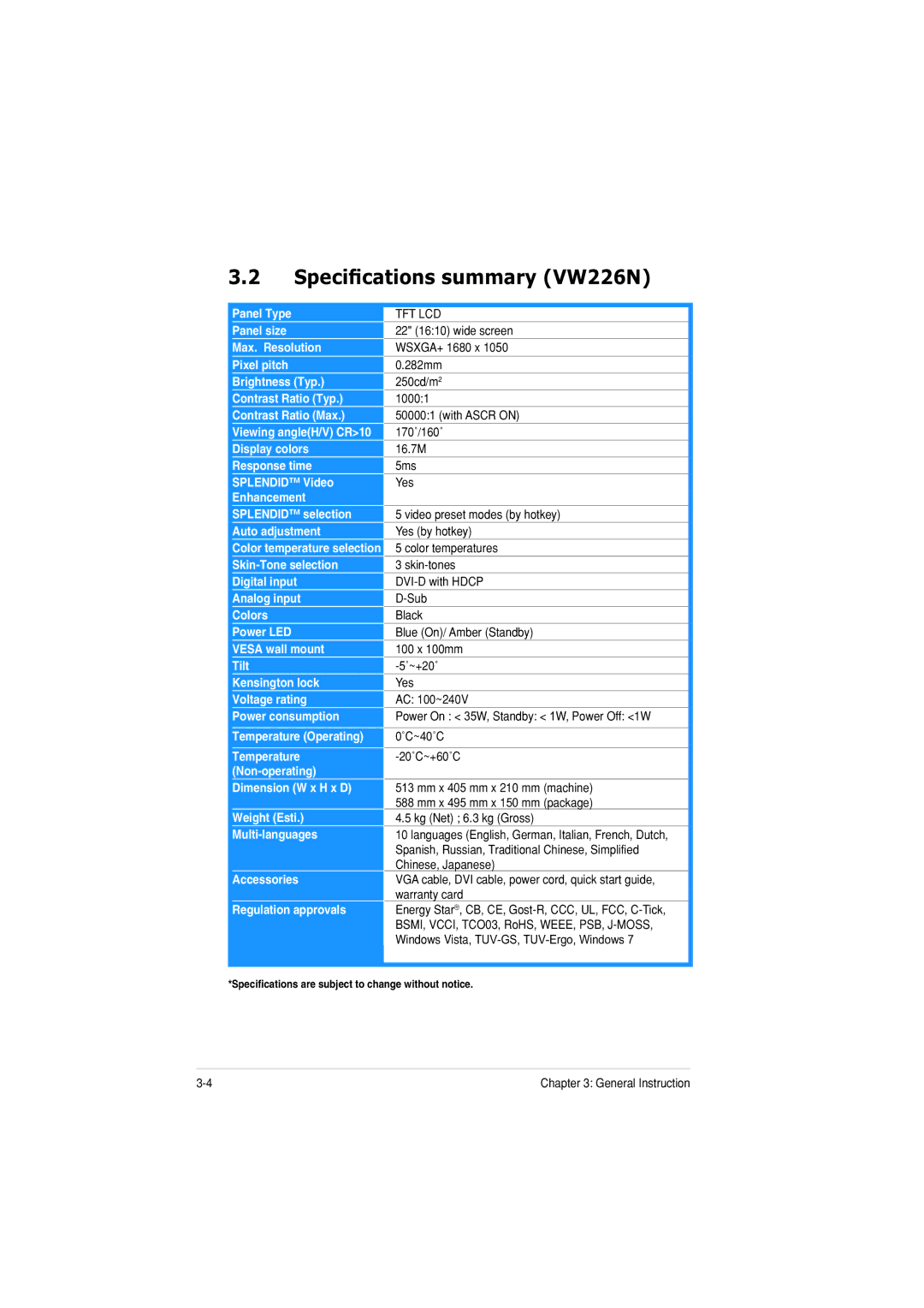 Asus VW226TTAA manual  6SHF ¿FDW RQV VXPPDU\ 961, Tft Lcd 