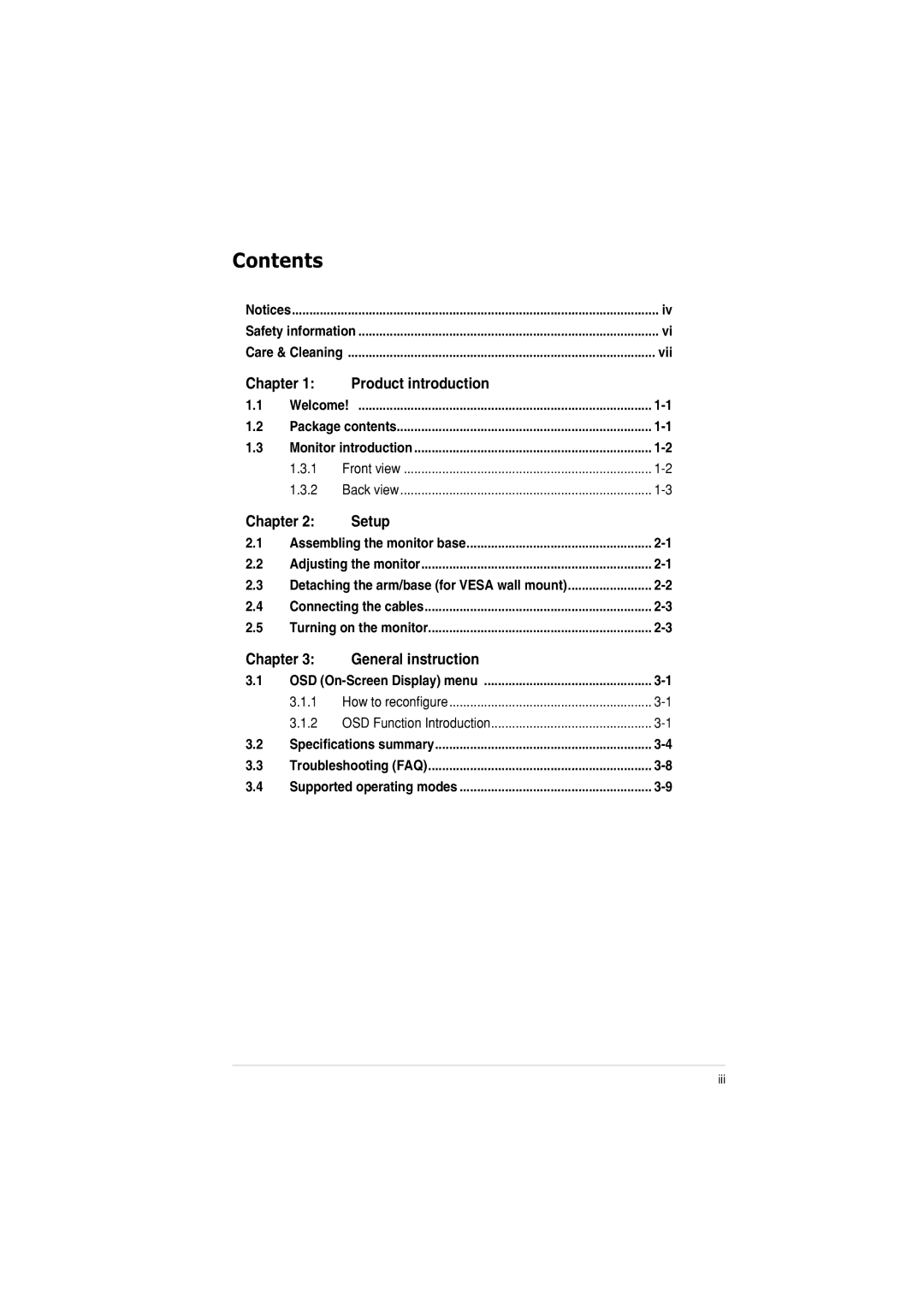 Asus VW226TTAA manual Contents 