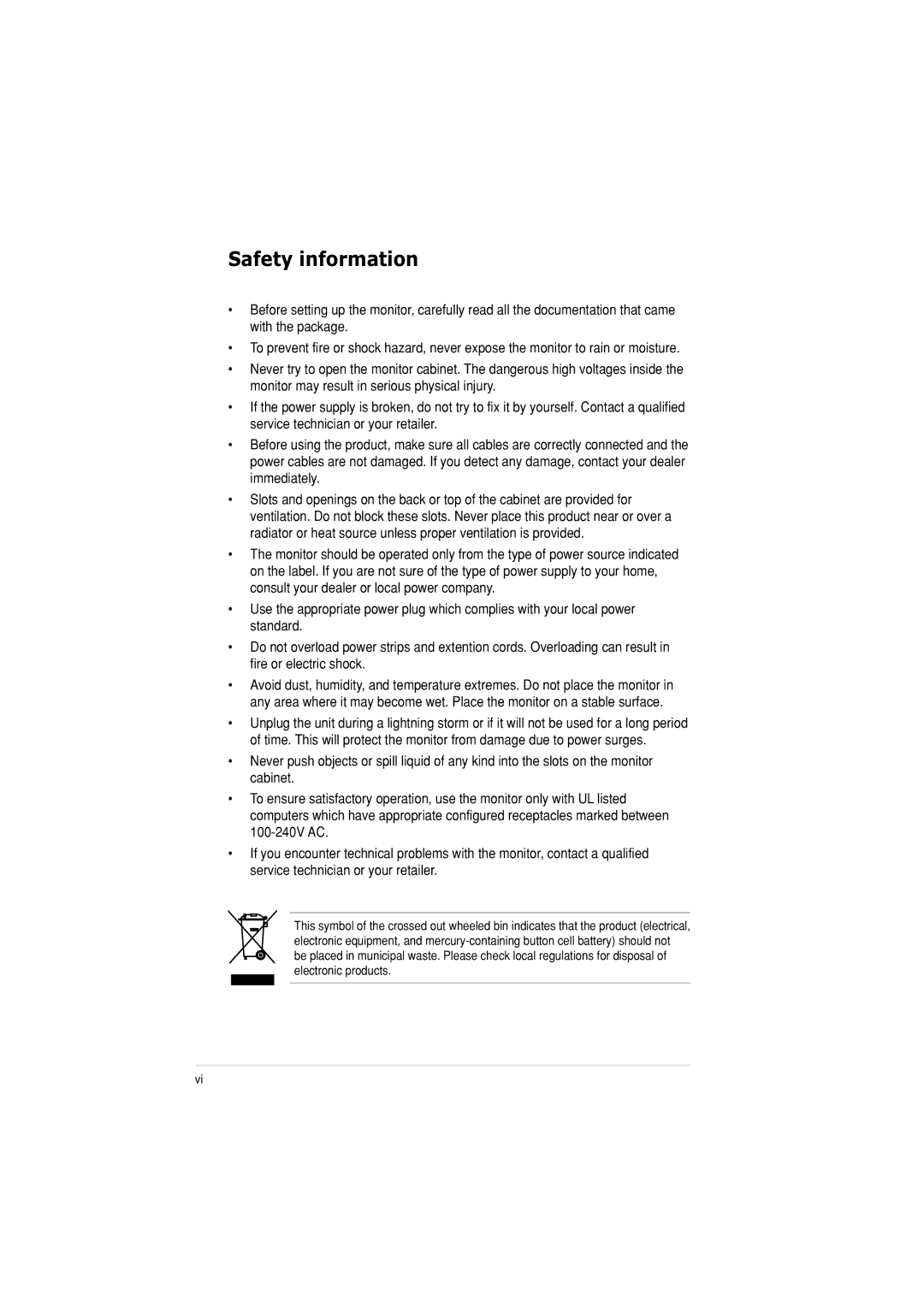 Asus VW226TTAA manual Safety information 