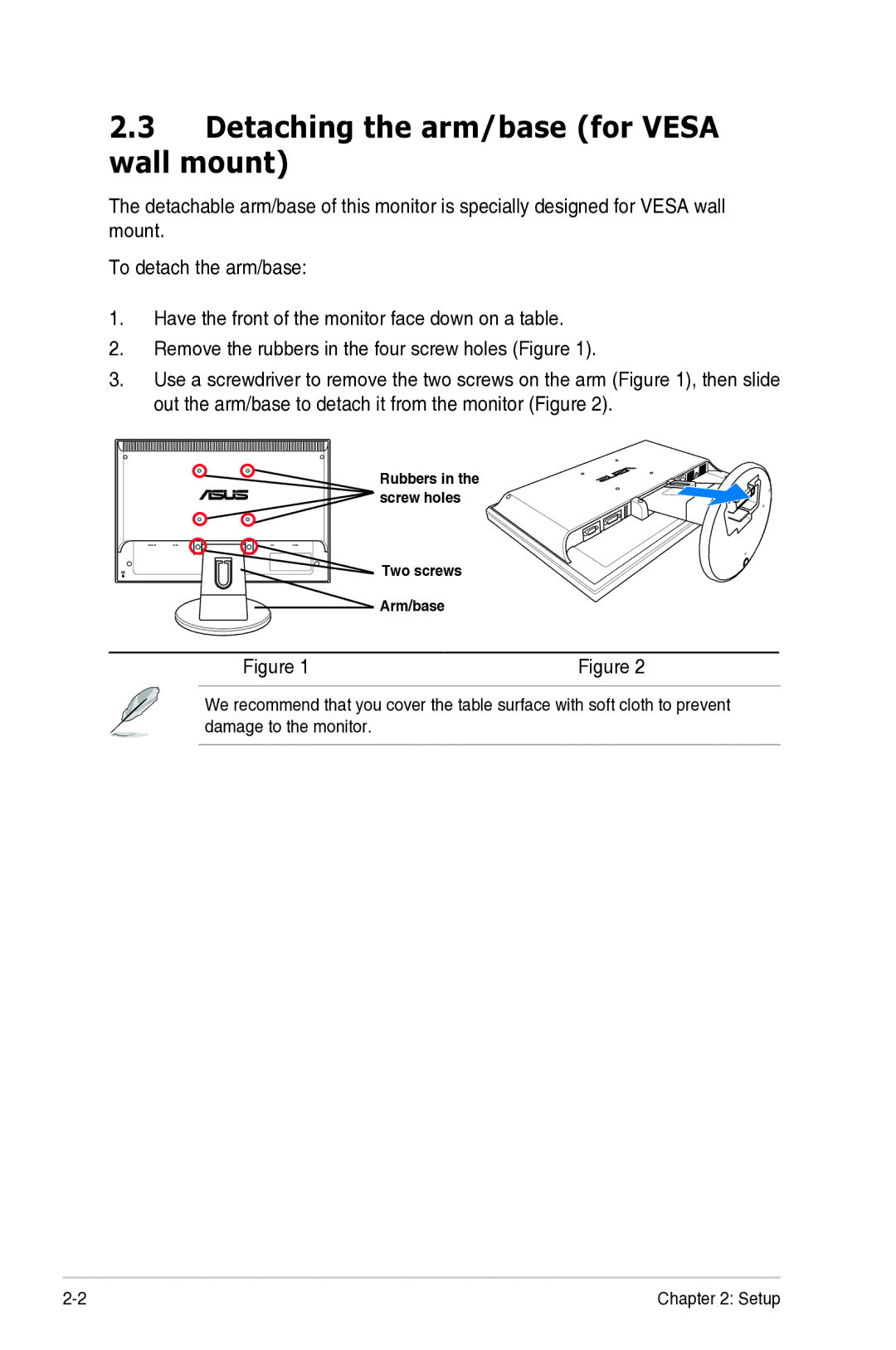 Asus VW22ATCSM manual Detaching the arm/base for Vesa wall mount 