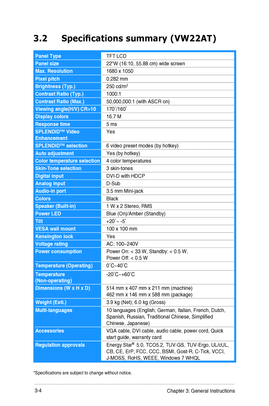 Asus VW22ATCSM manual Specifications summary VW22AT, Tft Lcd 