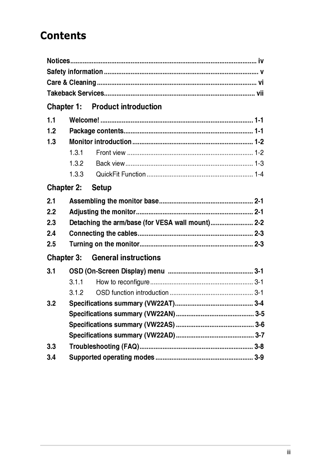 Asus VW22ATCSM manual Contents 