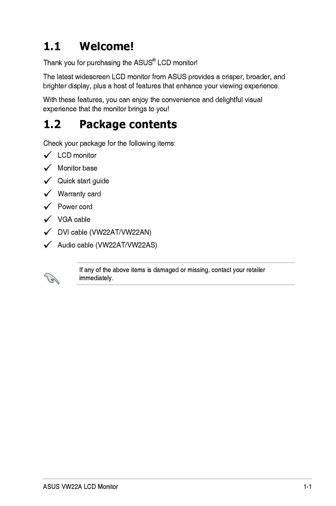 Asus VW22ATCSM manual Welcome, Package contents 