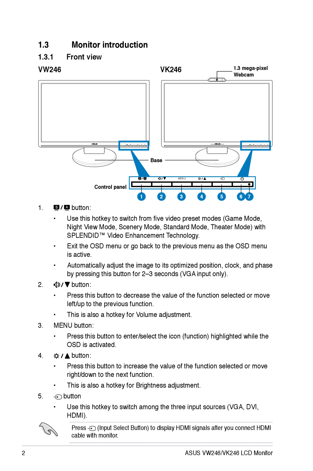 Asus user manual Monitor introduction, Front view VW246 VK246 