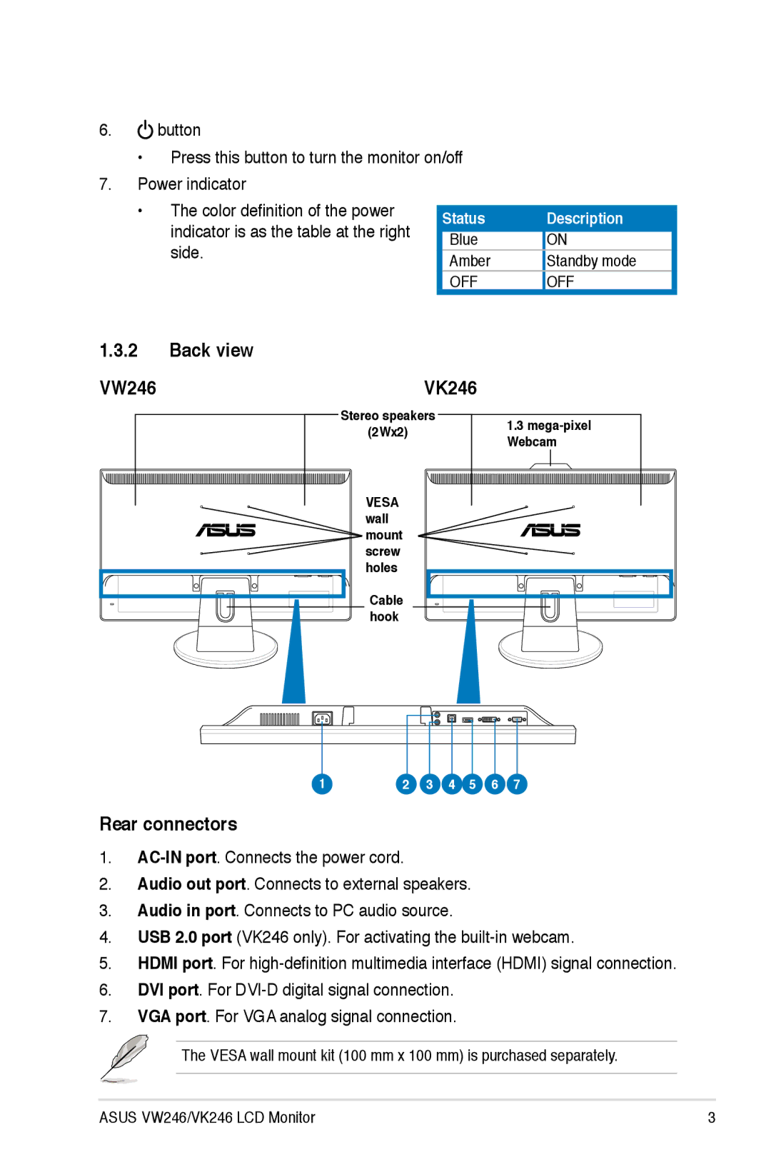 Asus VK246 user manual Back view VW246, Rear connectors 