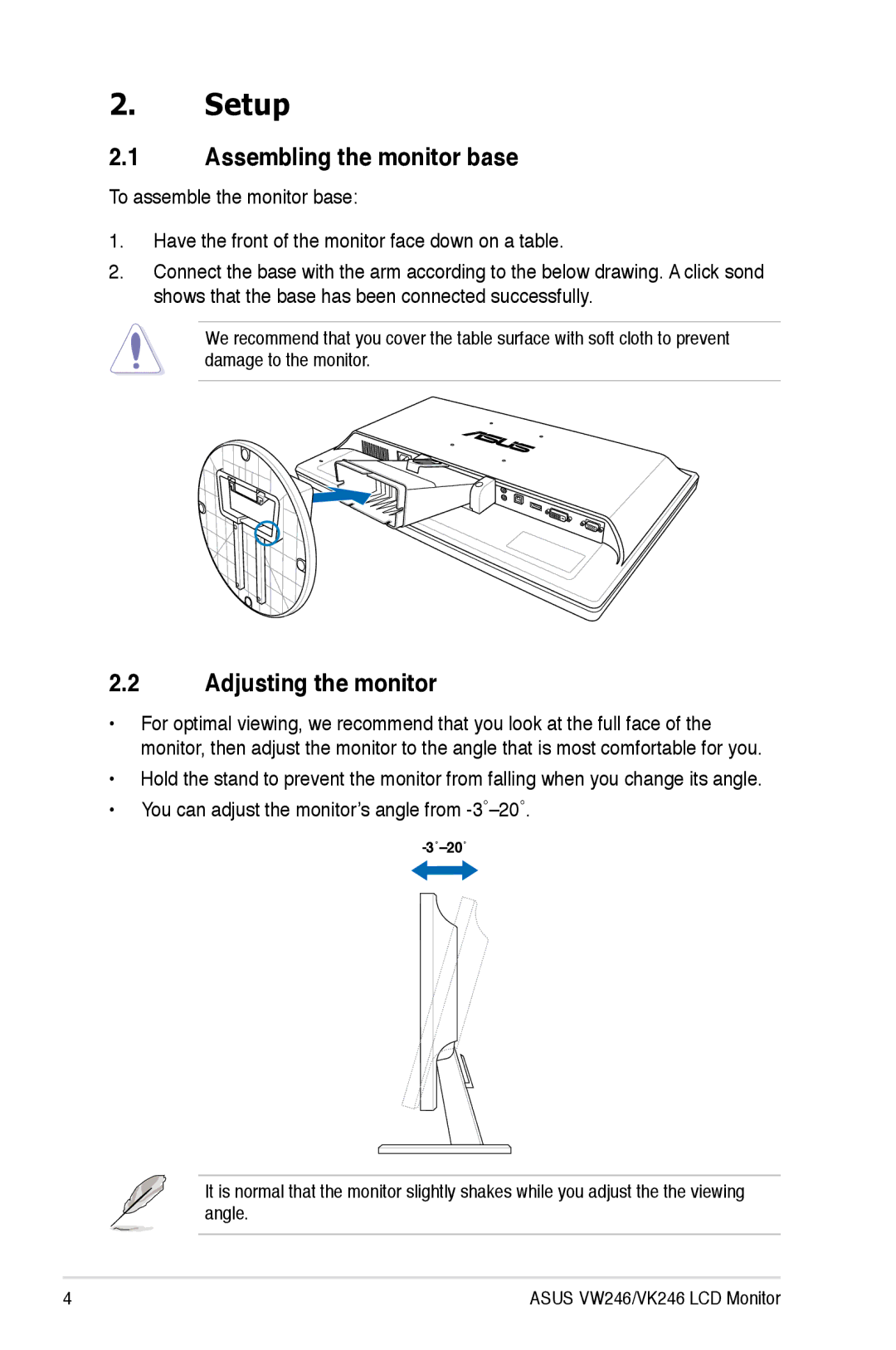 Asus VW246, VK246 user manual Setup, Assembling the monitor base, Adjusting the monitor 