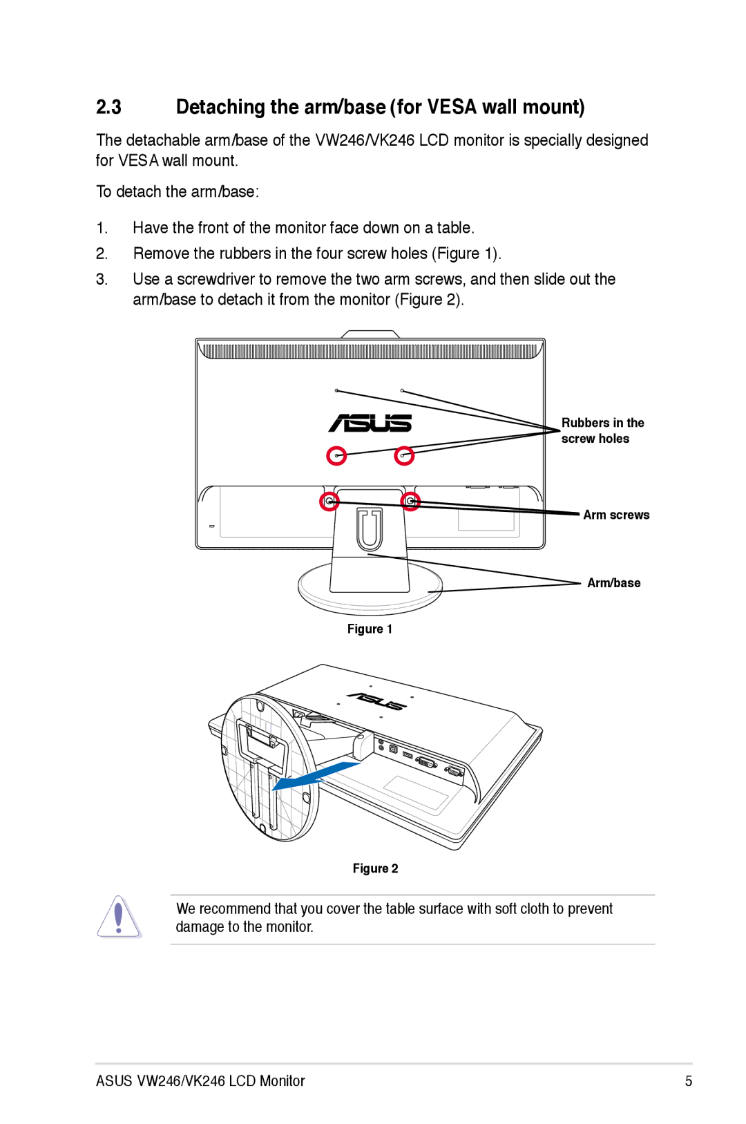 Asus VK246, VW246 user manual Detaching the arm/base for Vesa wall mount 