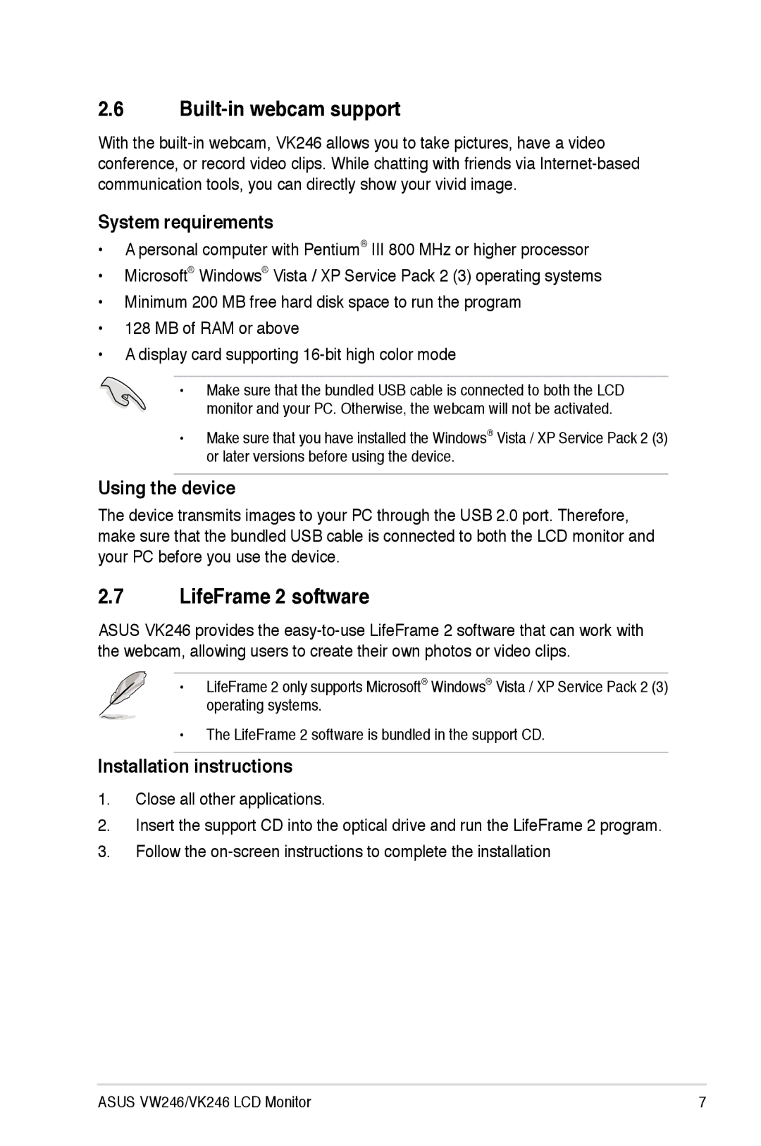 Asus VK246 Built-in webcam support, LifeFrame 2 software, System requirements, Using the device, Installation instructions 