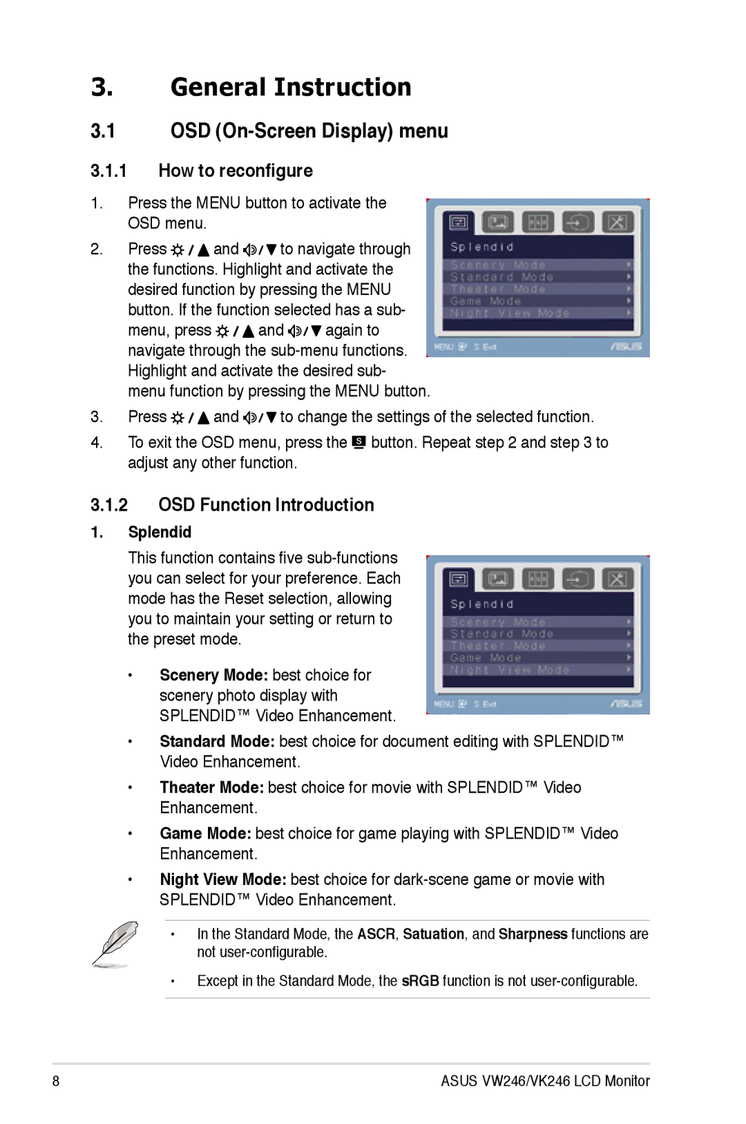 Asus VW246, VK246 General Instruction, OSD On-Screen Display menu, How to reconfigure, OSD Function Introduction, Splendid 