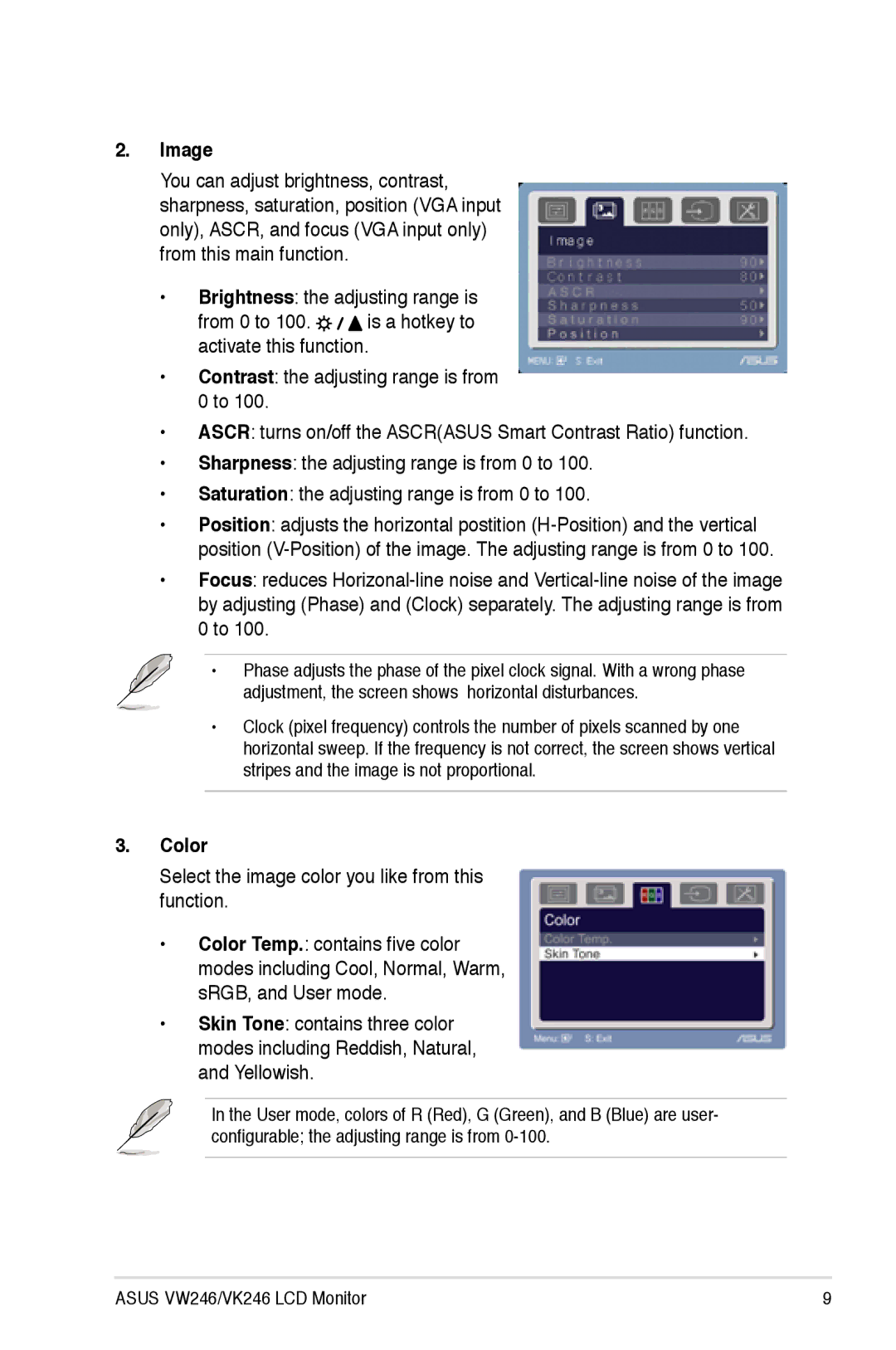 Asus VK246, VW246 user manual Image, Color 