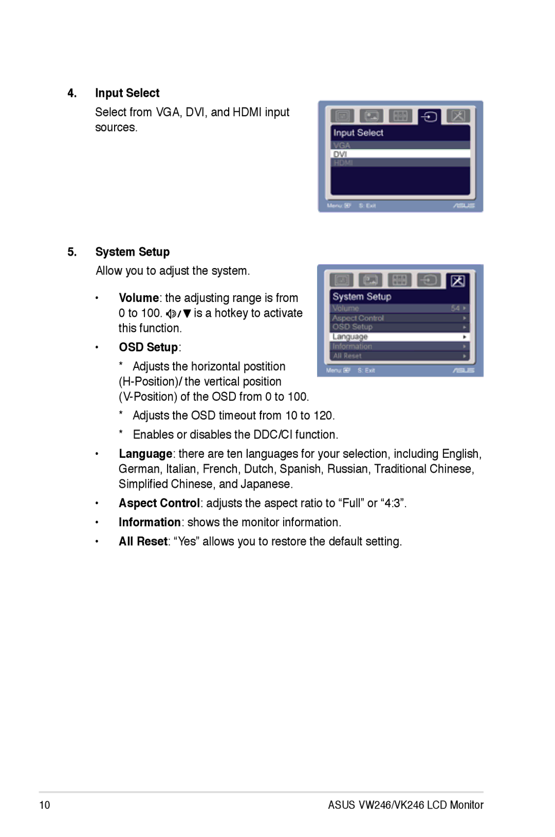 Asus VW246, VK246 user manual Input Select, System Setup, OSD Setup 