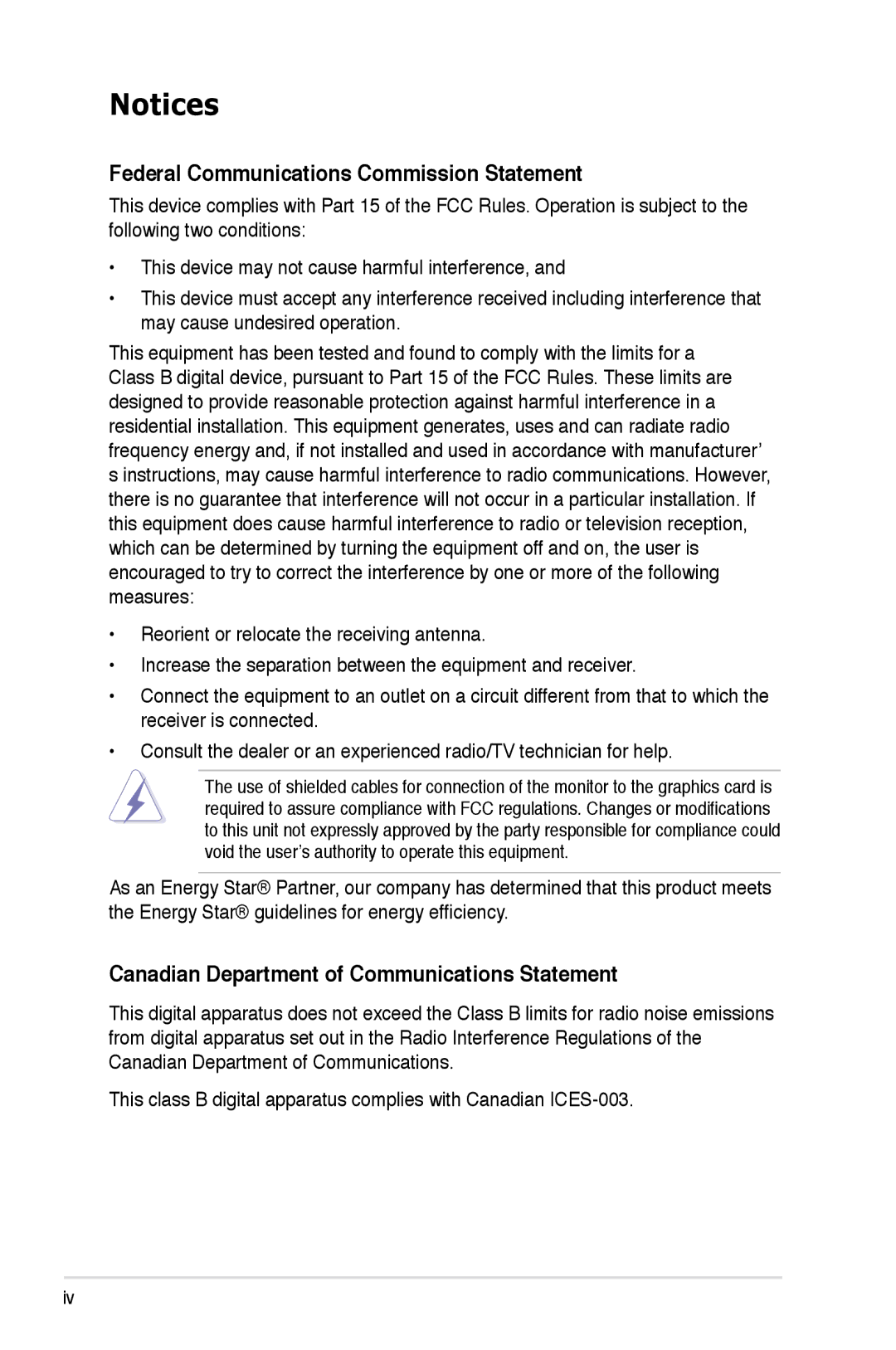 Asus VW246, VK246 user manual Federal Communications Commission Statement, Canadian Department of Communications Statement 