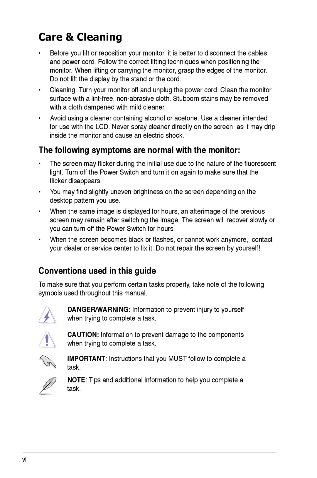 Asus VW246, VK246 Care & Cleaning, Following symptoms are normal with the monitor, Conventions used in this guide 