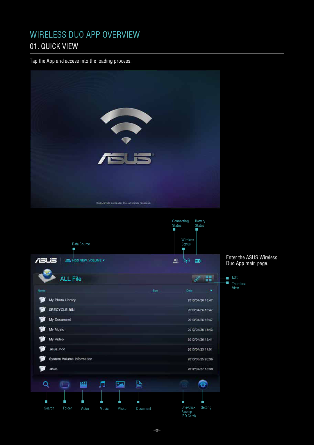 Asus W H D - A 1 user manual Wireless Duo App Overview, Quick View 