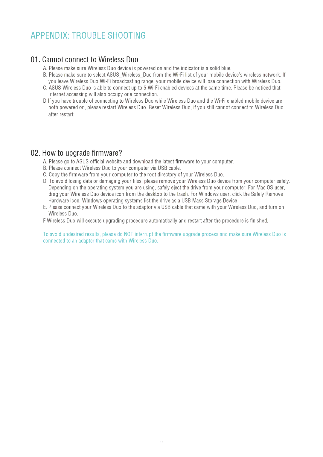 Asus W H D - A 1 user manual Appendix trouble shooting, Cannot connect to Wireless Duo 