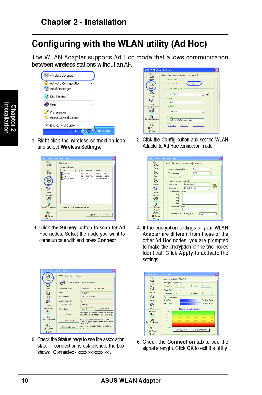 Asus WL-160N user manual Configuring with the Wlan utility Ad Hoc 