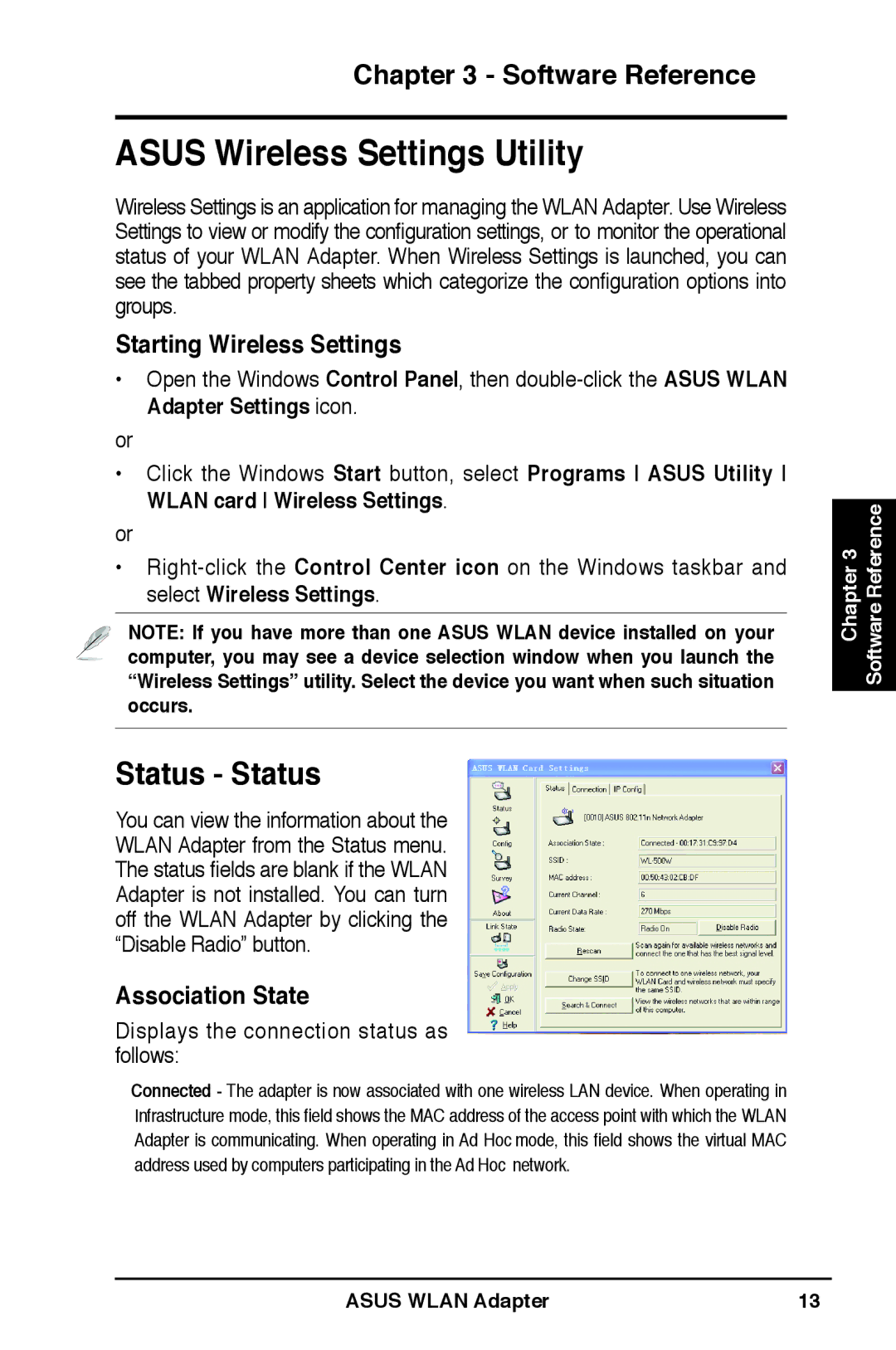 Asus WL-160N user manual Status Status, Starting Wireless Settings, Association State 