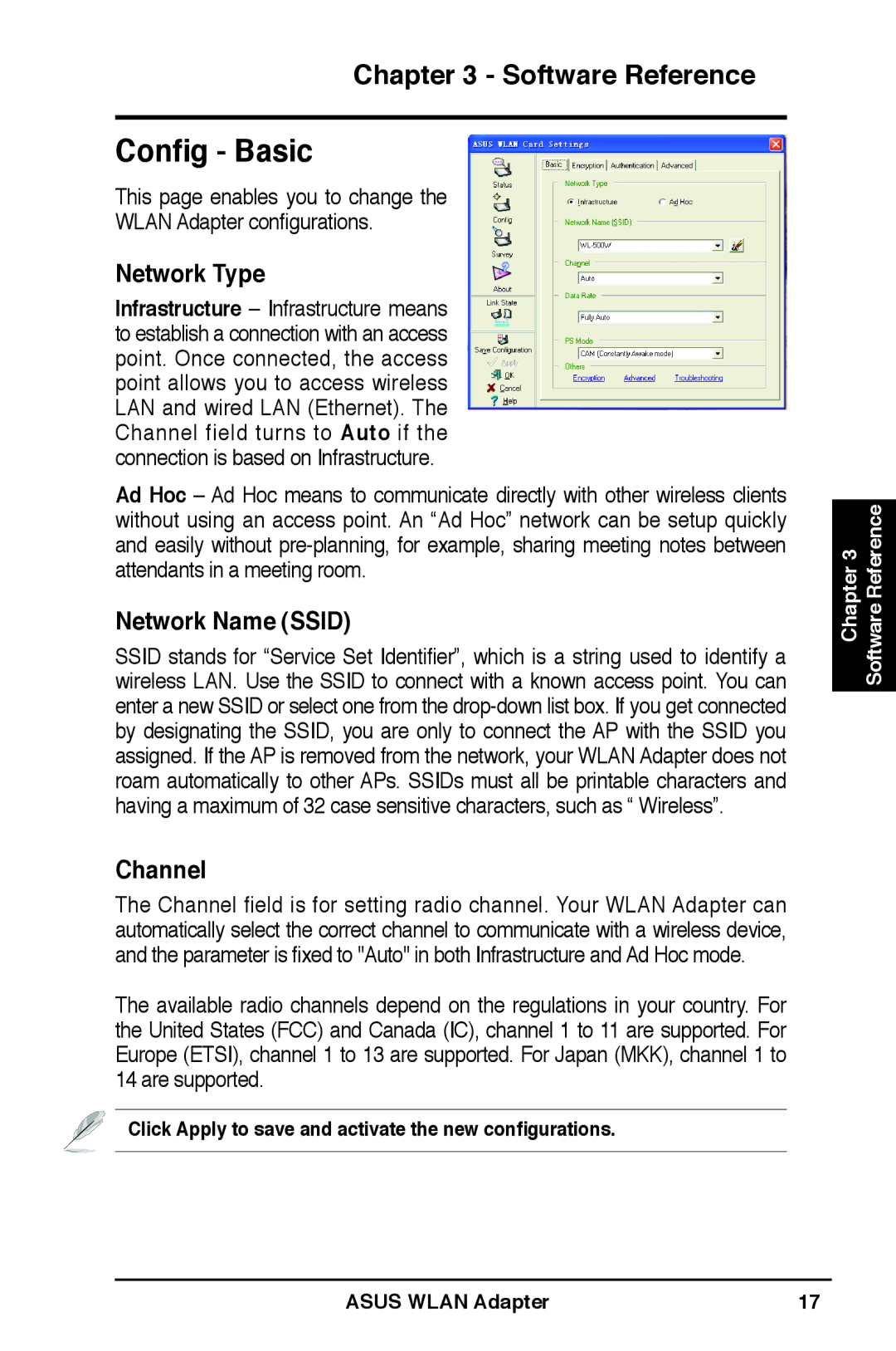 Asus WL-160N user manual Config Basic, Network Type, Network Name Ssid, Channel 