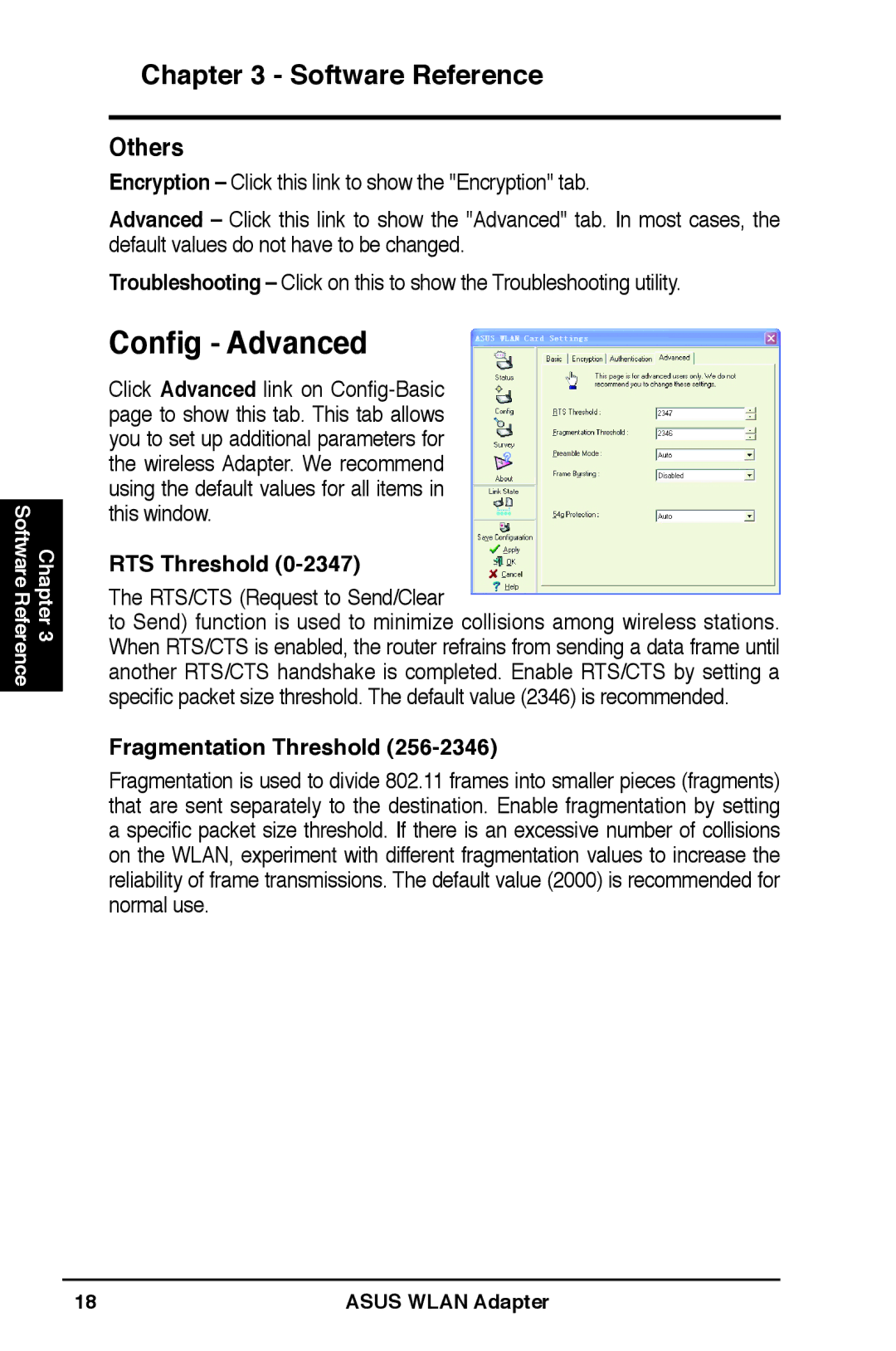 Asus WL-160N user manual Config Advanced, Others, RTS Threshold, Fragmentation Threshold 