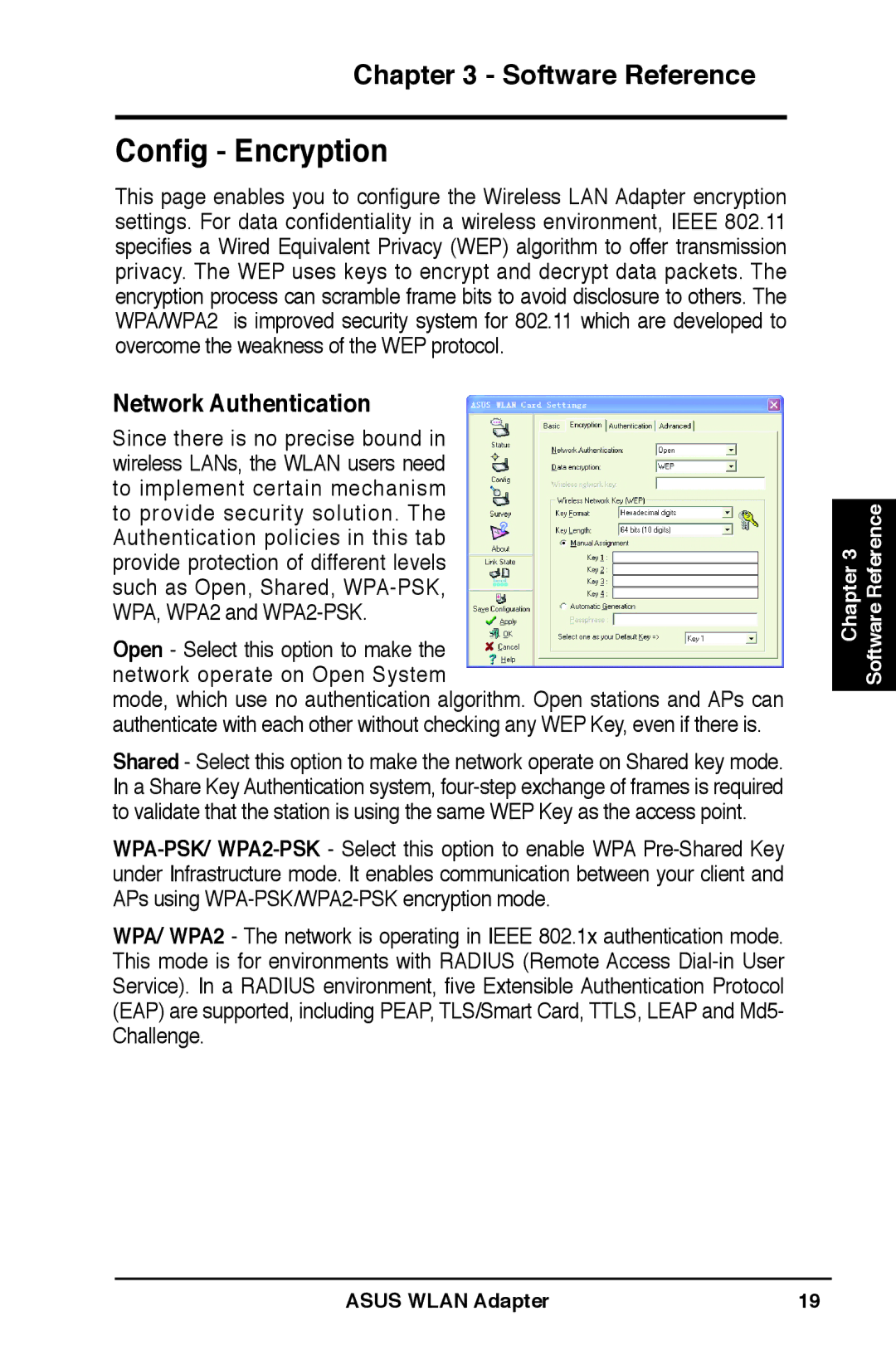 Asus WL-160N user manual Config Encryption, Network Authentication 