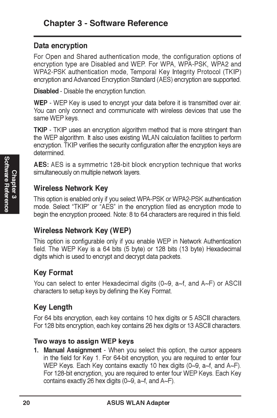 Asus WL-160N user manual Data encryption, Wireless Network Key WEP, Key Format, Key Length 